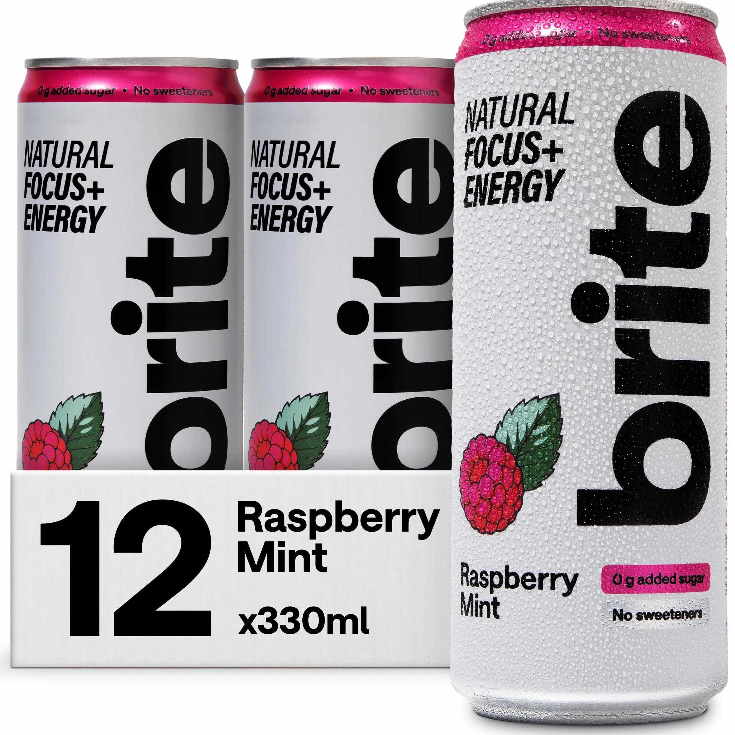 Brite Natural Focus. Bevanda energetica e alternativa al caffè per aumentare la produttività. A base vegetale, a basso contenuto calorico, vegana, senza glutine. Lampone e menta 12 x 330 ml.