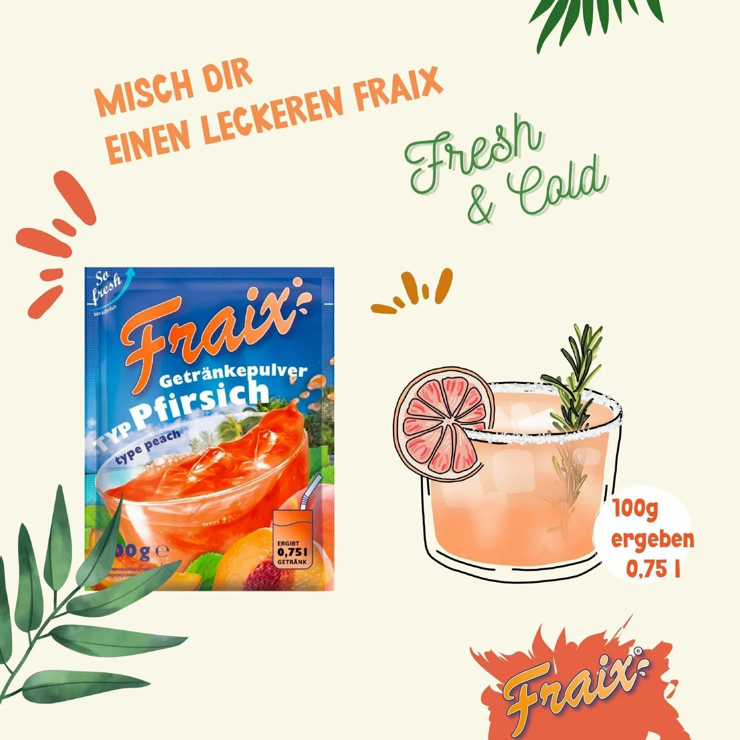FRAIX Polvere per bevande, pesca, confezione da 150 pezzi (150 x 100 g), polvere istantanea di frutta con sapore di pesca, perfetta per viaggi, feste di compleanno