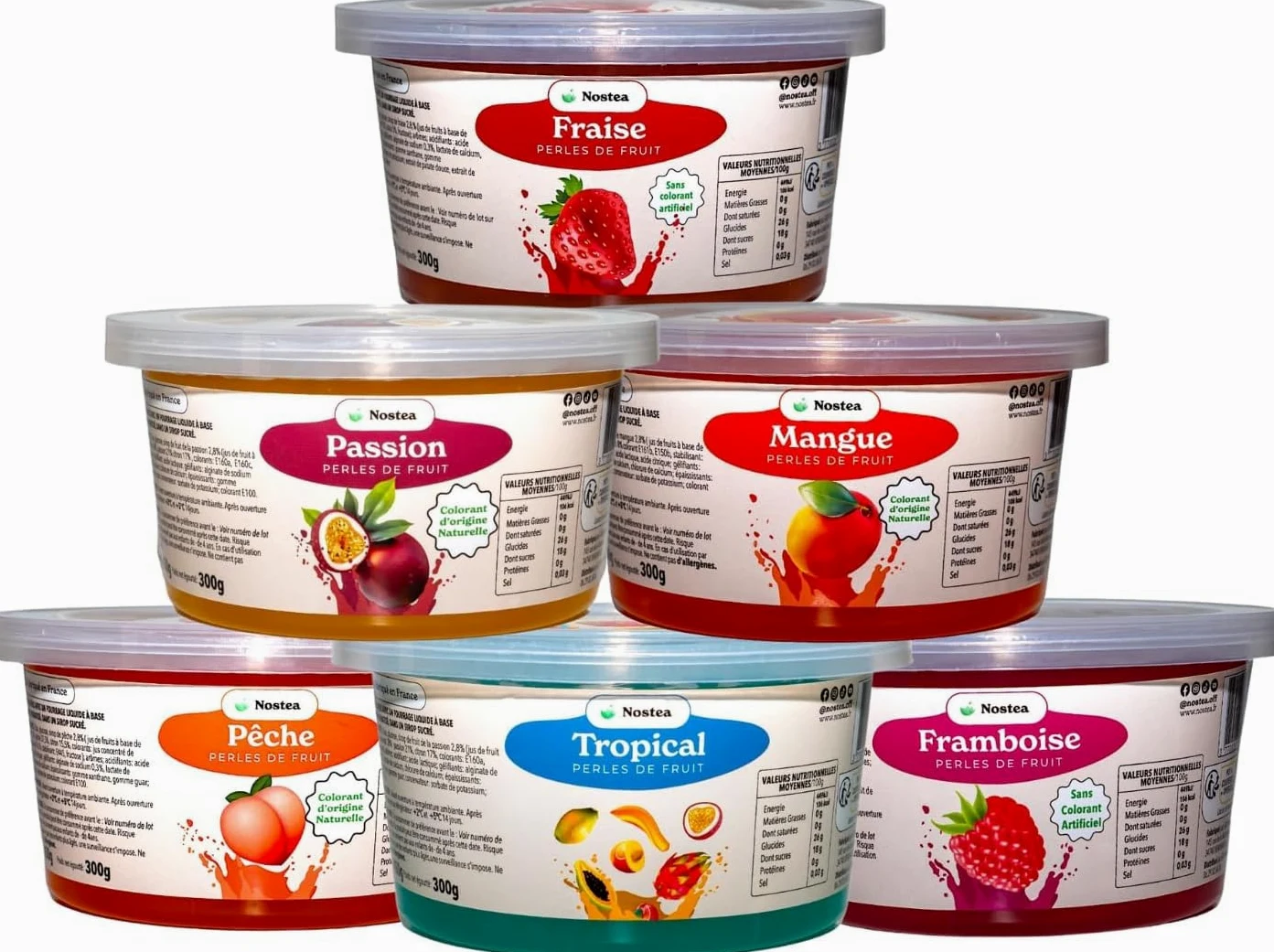 Nostea - Set di 3 vasetti, Perle per Bubble Tea Tropical, Pesca, Fragola – Popping Boba 100% Vegano, Senza Glutine - Perle al Succo di Frutta per Tè, Bevande - Produzione Francese - 3x 450 gr