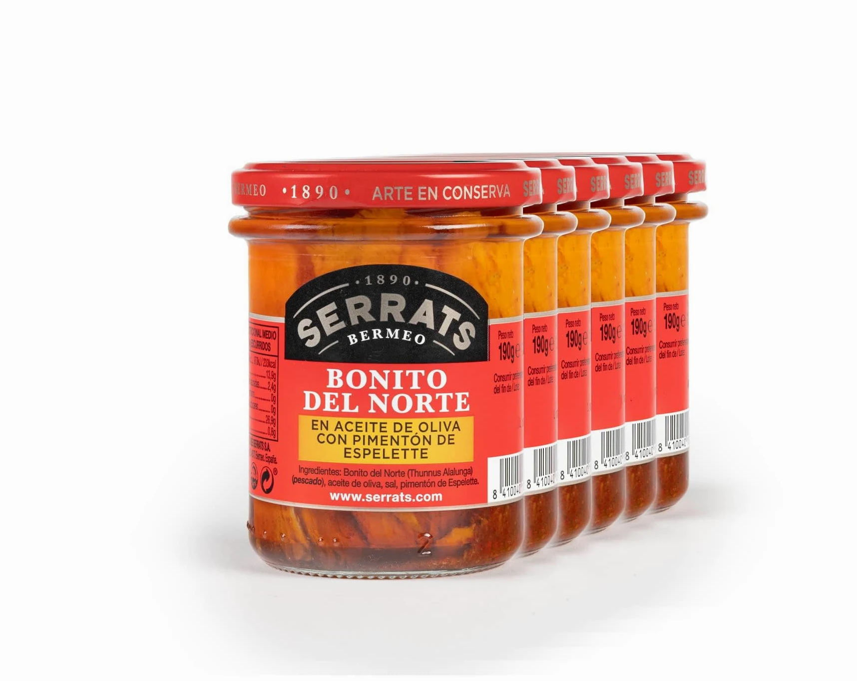 CONSERVAS SERRATS - Tonno Bianco del Cantabrico con Peperoncino di Espelette - 6 Lattine x 190g (Totale: 1140g) - Lavorazione Artigianale dal 1890 - Senza Glutine - Ricco di Omega 3