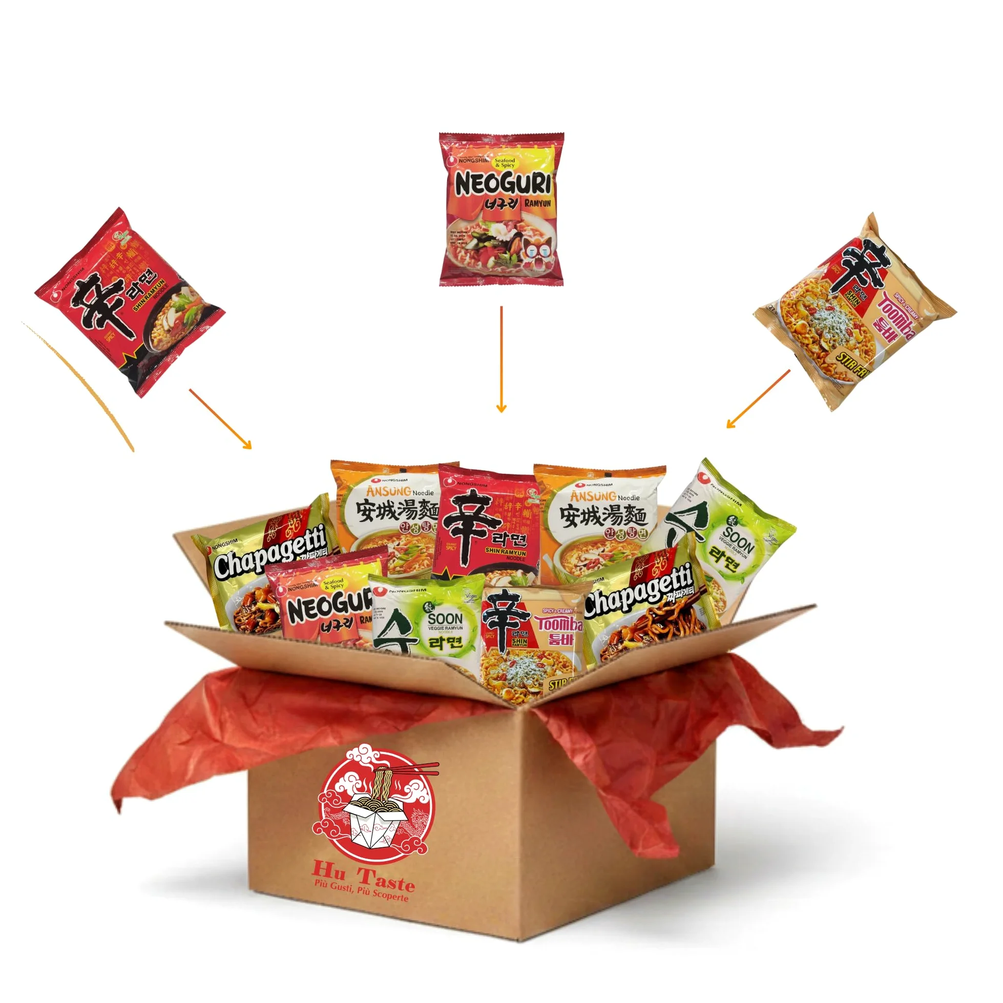 Hu Taste Kit Ramen Coreano 12 Pack - Mix Noodles Istantanei Assortiti: Classico, Piccante, Mare, Veggie, Crema e Pasta Scura - Box Cibo Asiatico Pronto - Set Noodles Ramen Spicy e Gusti Orientali