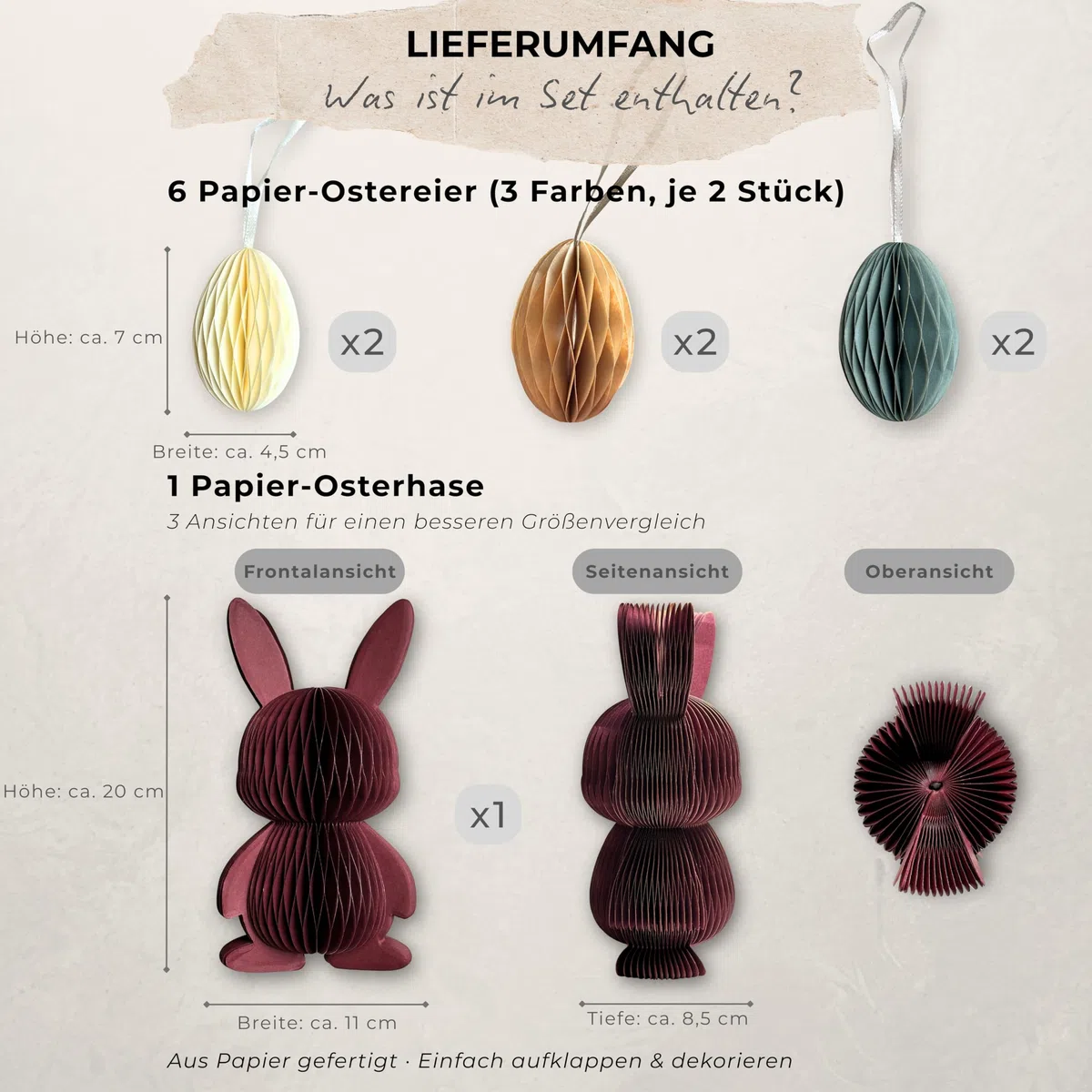 Set di 7 decorazioni pasquali – Carta a nido d'ape, coniglietto pasquale rosso bordeaux (20 cm) e 6 uova di Pasqua da appendere, magnetica, riutilizzabile, decorazione primaverile per