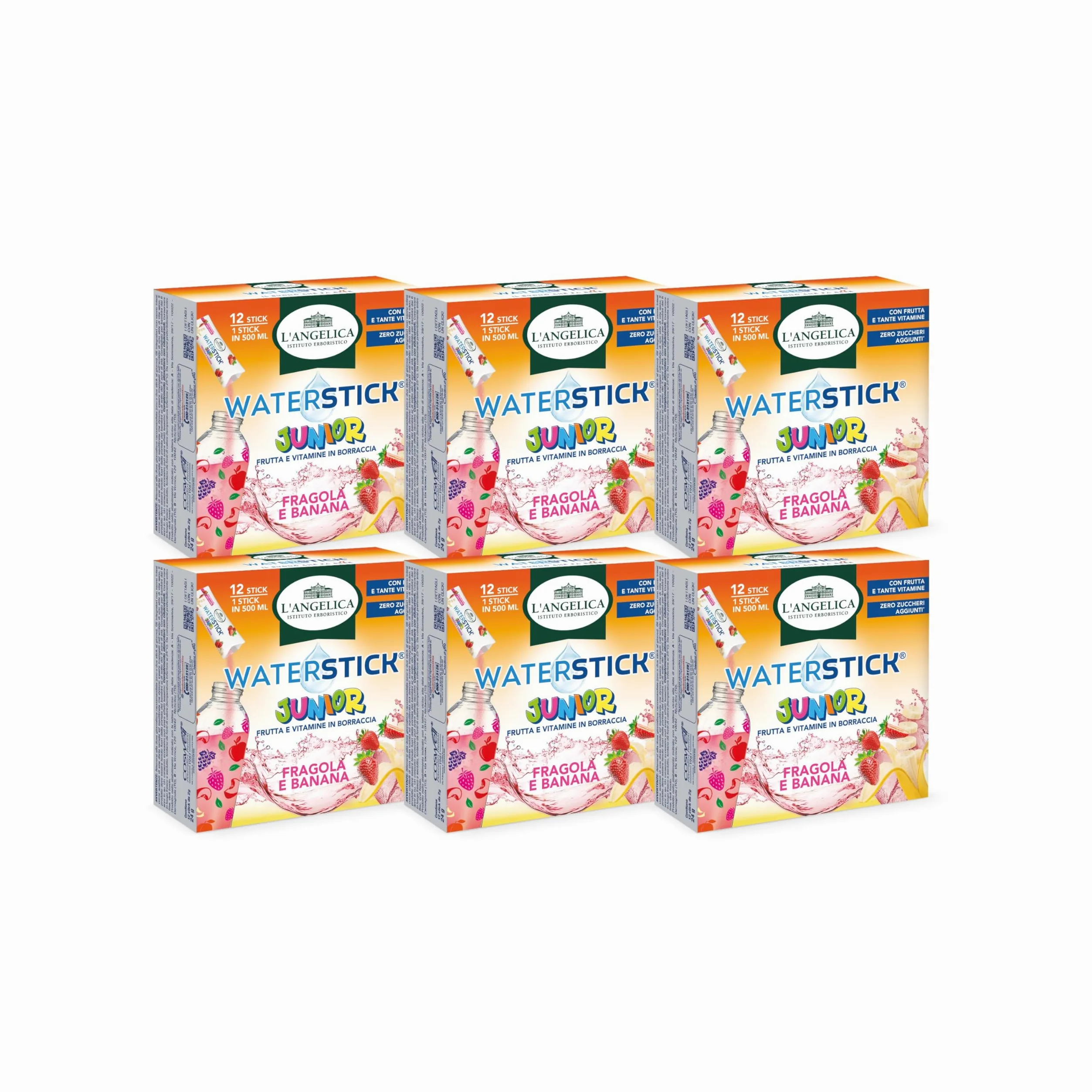 L'Angelica, Waterstick Junior, Gusto Fragola e Banana, Con Frutta, Vitamine, Zero Zuccheri Aggiunti, 6 Astucci da 12 Stick