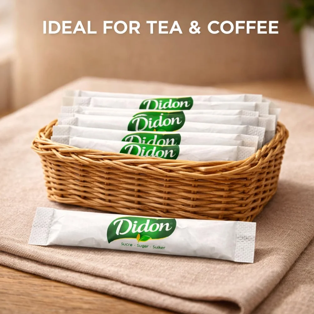 DIDON - 750 bustine di zucchero da 4g (3kg) con palette in legno in omaggio – Ideali per bevande calde - bustine zucchero monodose - Zucchero bianco - Sugar