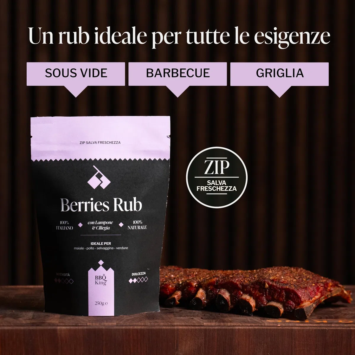 BBQ KING - Berries Rub Confezione da 250 Gr, Dry Rub Bbq per Manzo Ideale per Barbecue e Grill, Set Spezie Cucina 100% Made in Italy, Miscela di Spezie per Carni Bianche (Pollo, Maiale, Coniglio)