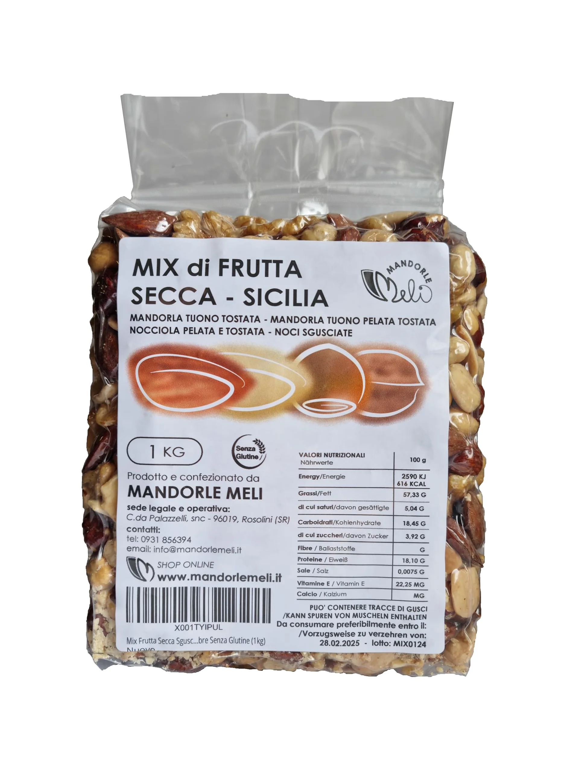Mix Frutta Secca Sgusciata Siciliana - Mandorle Tostate, Mandorle Tostate Pelate, Nocciole Tostate e Noci - Fonte di Vitamine e Fibre Senza Glutine (1kg)