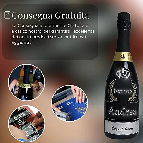 Bottiglia per Festa di Laurea PERSONALIZZABILE - Bottiglia regalo spumante italiano 0,75L con scritta Auguri Dottore in autentici cristalli e possibilità di personalizzare il nome (AUGURI DOTTORE)