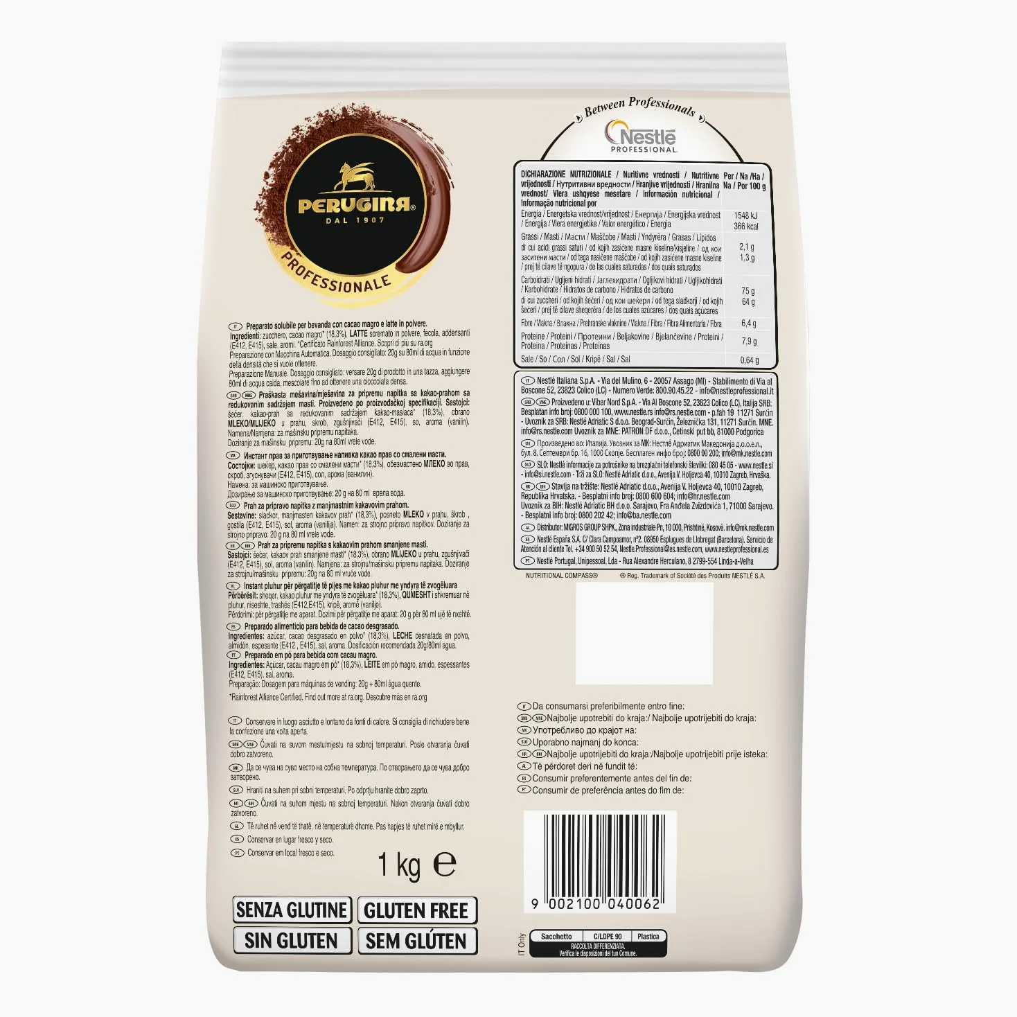 PERUGINA Cioccolata Completa Preparato per Bevanda al Cacao Magro per macchina automatica in polvere, Busta 1kg (Confezione da 4)