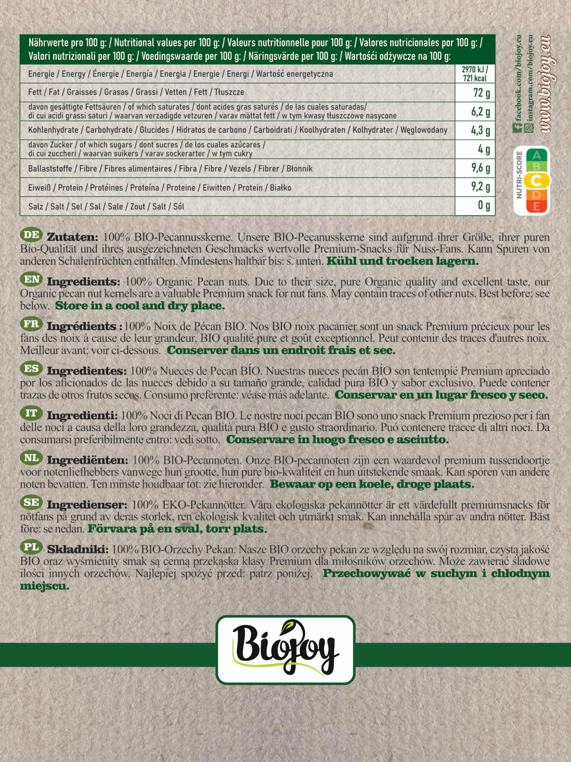 Biojoy Noci Pecan BIO (1 kg), Noci Pecan a metà, crude e non salate