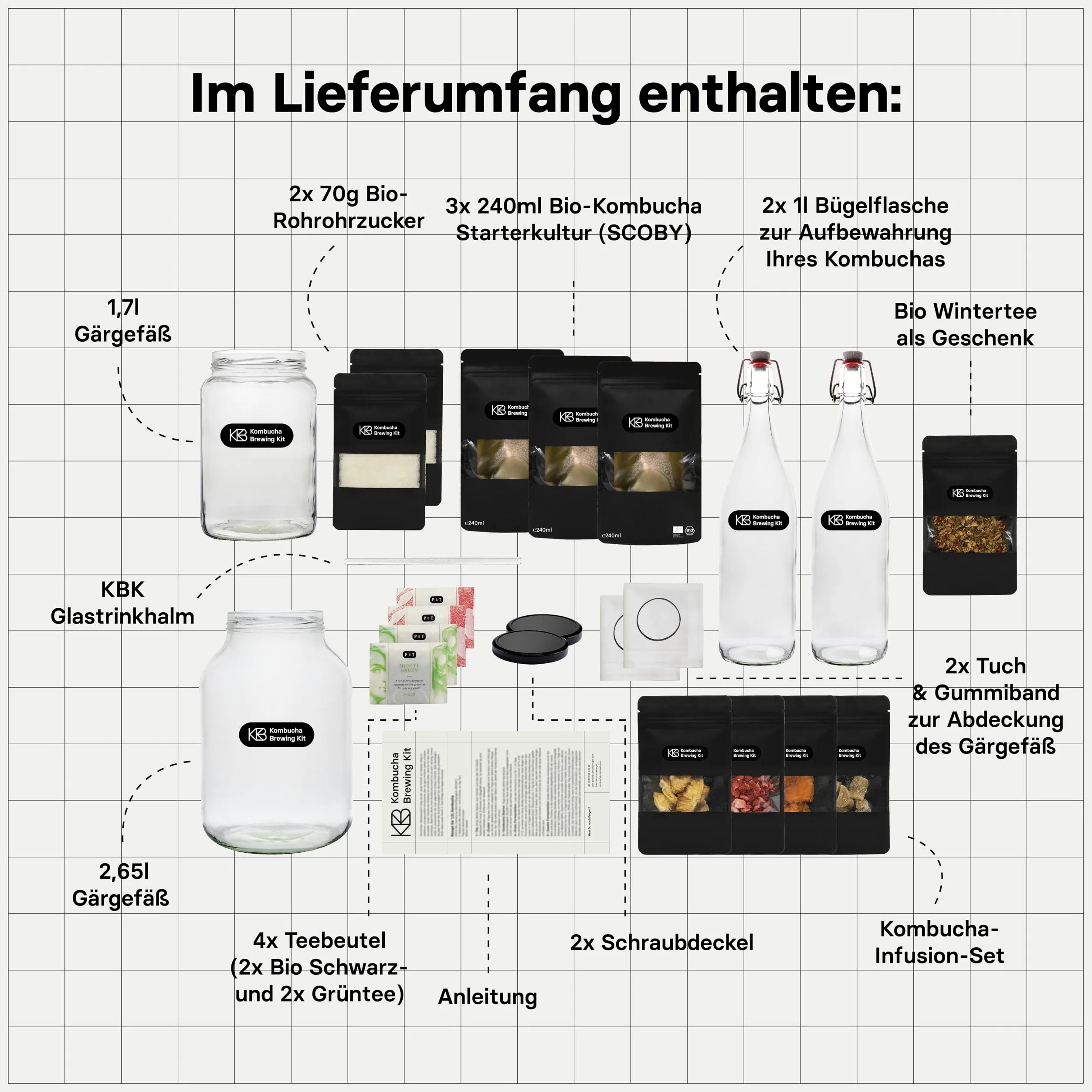 Kombucha Brewing Kit XL Bundlecon 2x coltura starter SCOBY biologica, 4 gusti di infusione, con 2x vaso di fermentazione, 2 bottiglia swing-top, zucchero di canna grezzo biologico, cannuccia di vetro