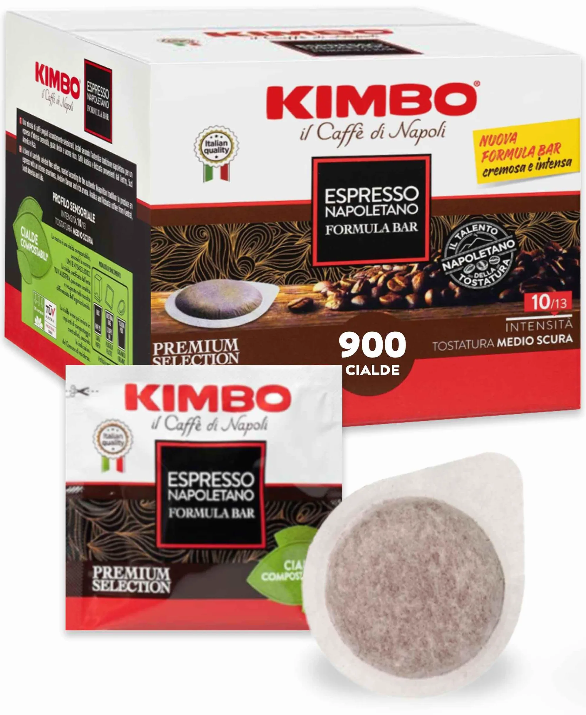 Kimbo, Espresso Napoletano, 900 Cialde Caffè Compostabili ESE, Miscela Forte e Corposa, Intensità 10/13, Tostatura Medio-Scura, 9 Pack da 100 Cialde