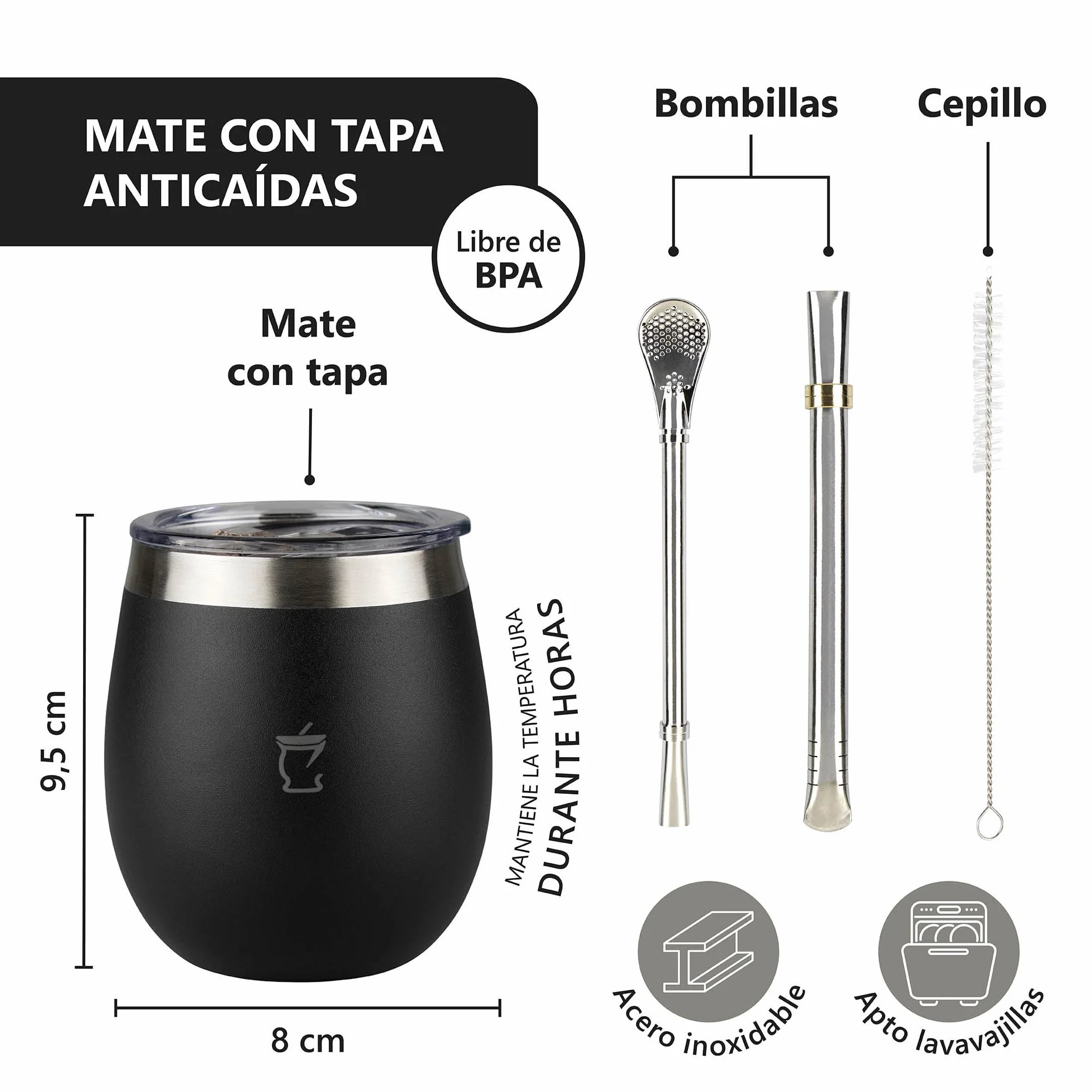 Mate Kit argentino - argentino opaco - set opaco - Yerba Mate - Lampadina opaca - Prodotti Argentina - Nero
