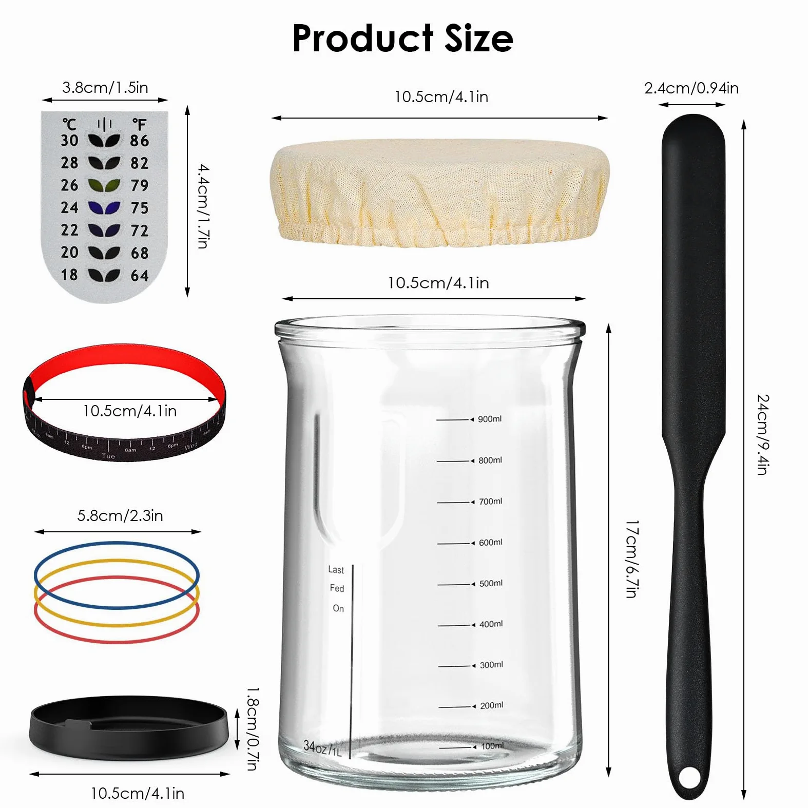 Barattolo per Lievito Madre, 1000ml Starter kit di lievito naturale Riutilizzabili, Contenitore per lievito madre, Kit Completo con Contenitore e Termometro per Panificazione Casa