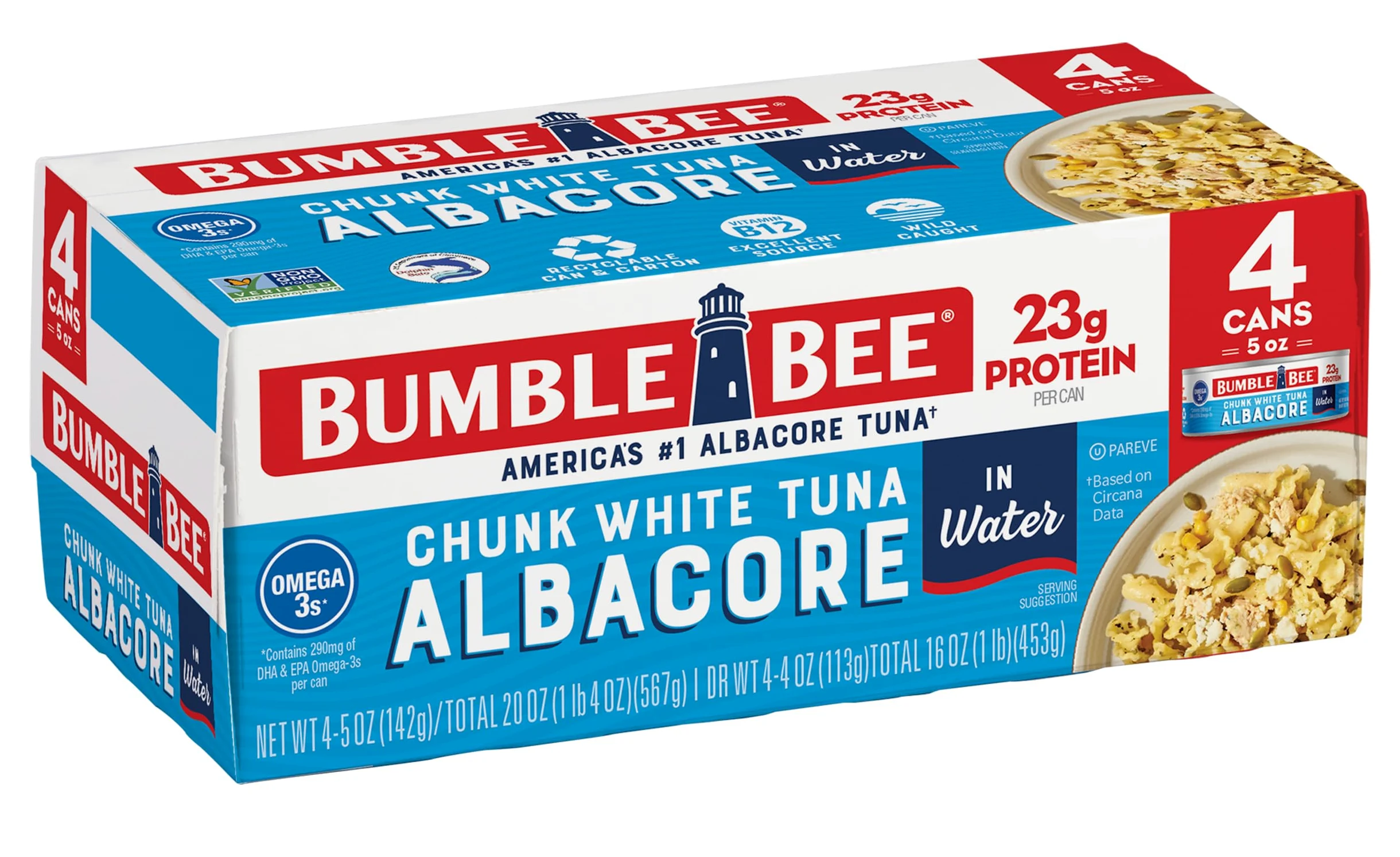 Bumble Bee Tonno bianco albacore in acqua, lattina da 5 once (confezione da 4) – Tonno selvatico catturato – 23 g di proteine per porzione, ricco di omega-3 – Progetto non OGM verificato, senza