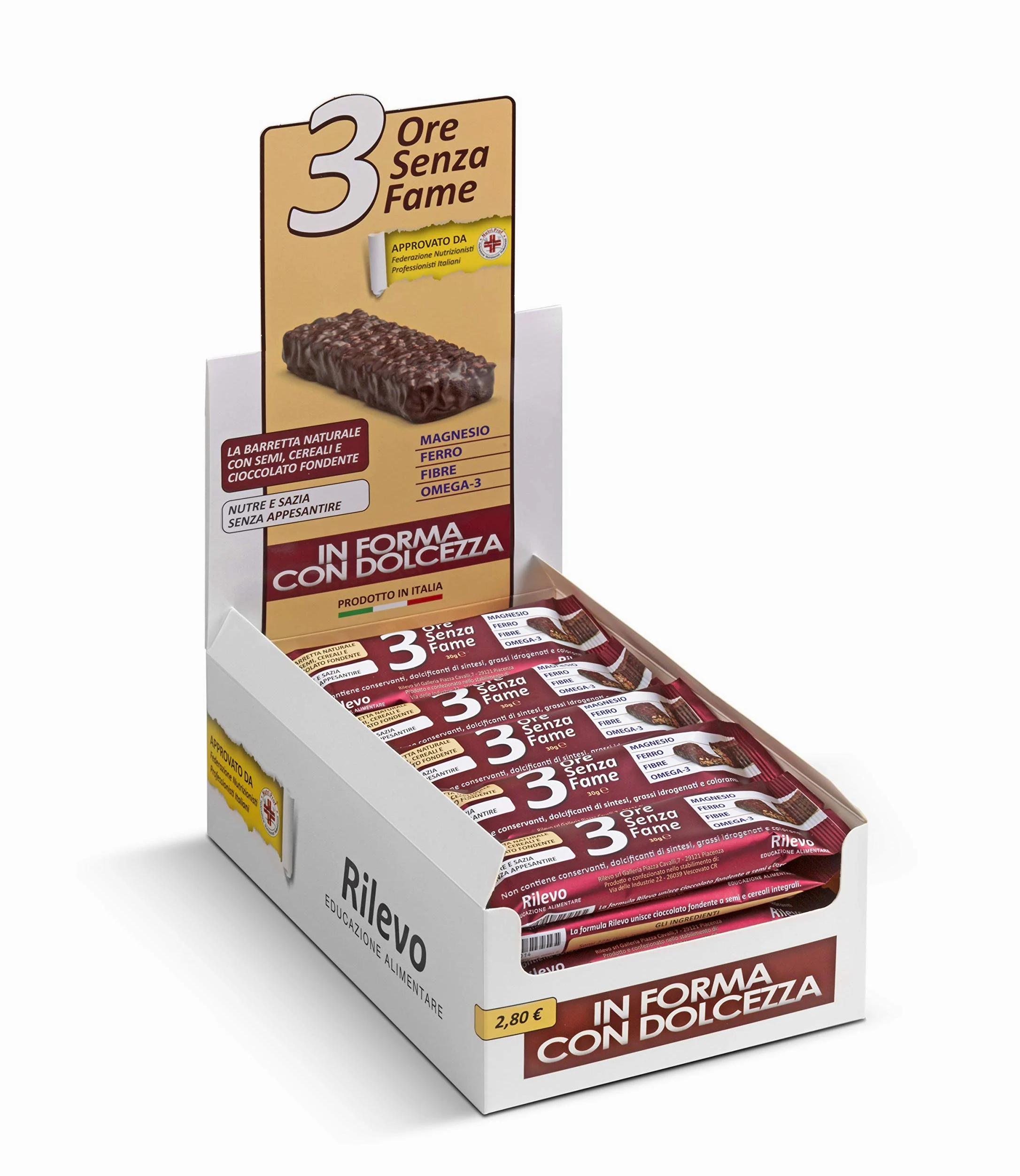 Rilevo- 25 Confezioni Singole di Barrette Spezzafame- 3 ore Senza Fame Barretta Naturale con Semi,Cereali ricoperte di cioccolato fondente (25x30 gr)