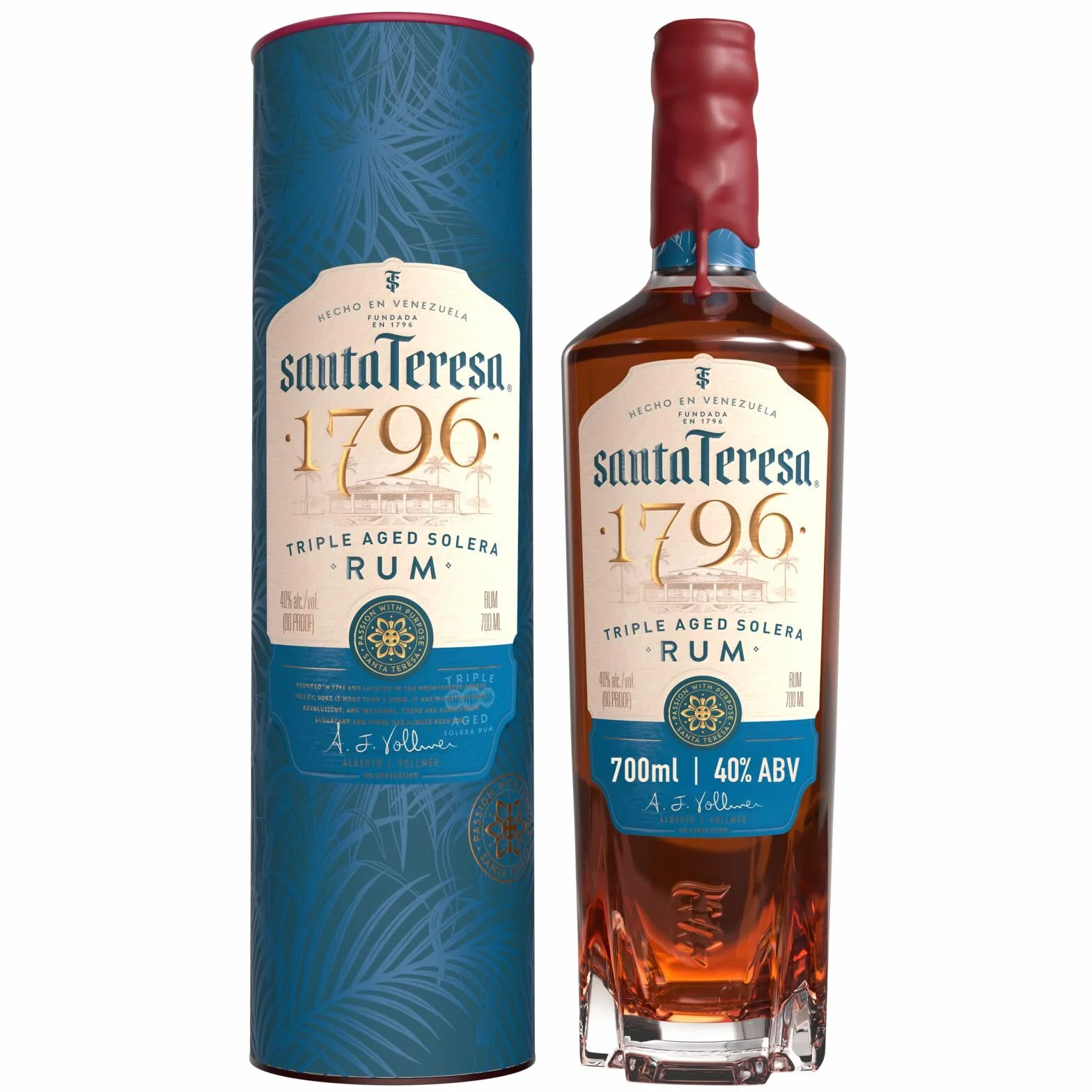 Rum Solera a triplo invecchiamento Santa Teresa 1796, Vol. 40%, 70 cl / 700 ml, Pregiato rum scuro Single Estate venezuelano affinato in botti di rovere