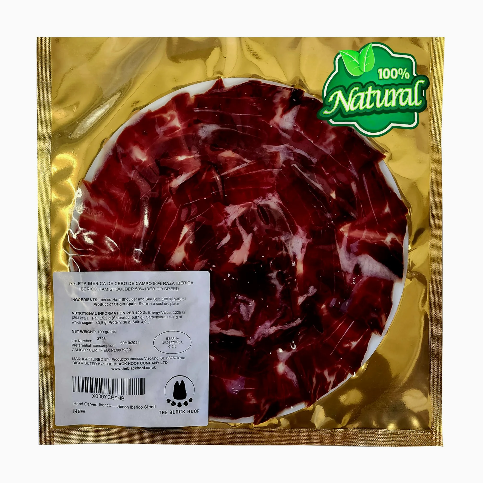 Prosciutto Iberico Pata Negra Affettato a Mano (Spalla) 100% Naturale - 100 grammi Jamon Iberico Stagionato 18-24 Mesi con Processo di Stagionatura Naturale al 100%