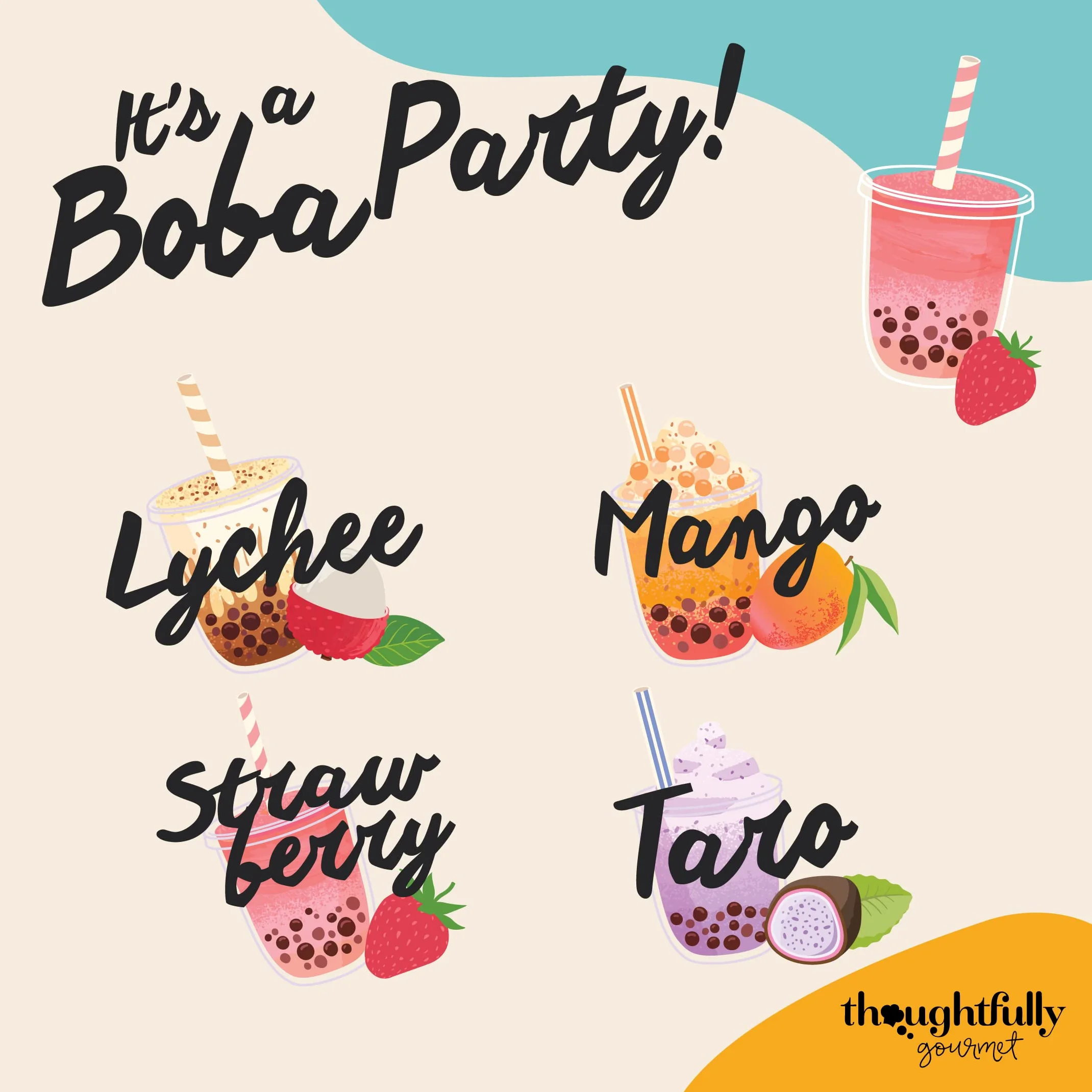 Thoughtfully Gourmet, Mini Boba Party Set, per 16 porzioni di Bubble Tea, con 4 gusti, perline Boba, tazze, coperchi e cannucce