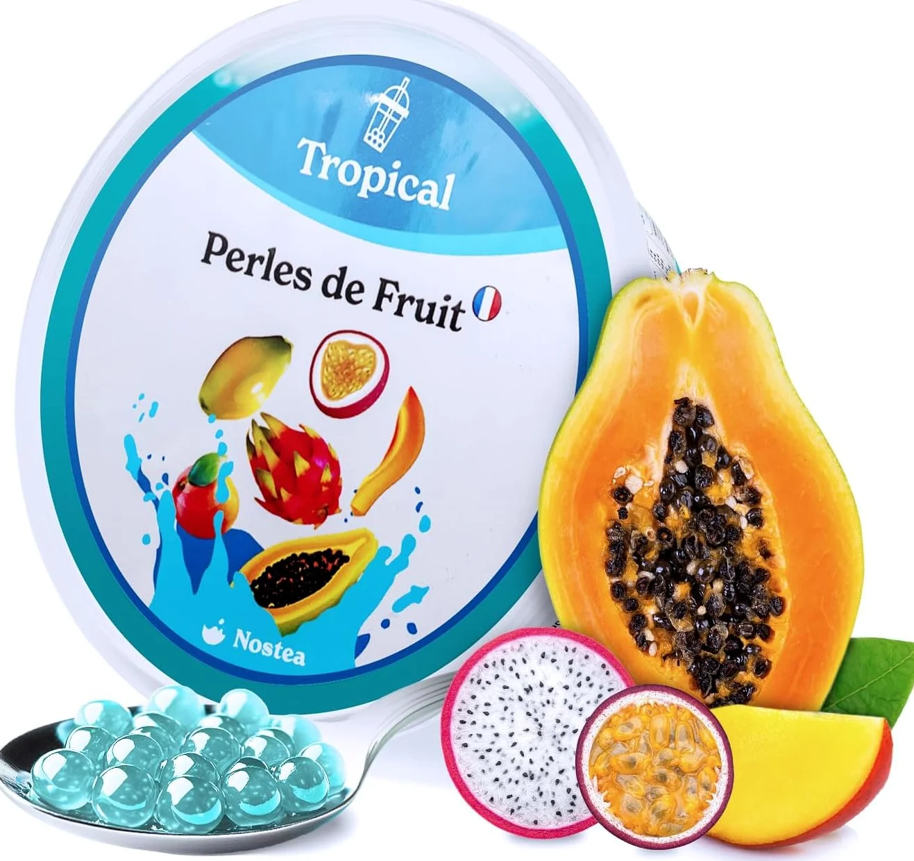 Nostea - Set di 3 vasetti, Perle per Bubble Tea Tropical, Pesca, Fragola – Popping Boba 100% Vegano, Senza Glutine - Perle al Succo di Frutta per Tè, Bevande - Produzione Francese - 3x 450 gr