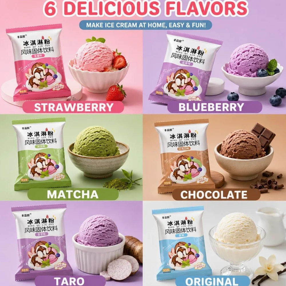 Miscela Di Gelato In Polvere A 6 Gusti - Base For Dessert Fatto In Casa Fai Da Te For Dolci E Negozi, Confezione 100 G (fragola, Mirtillo, Matcha, Cioccolato, Taro, Originale)