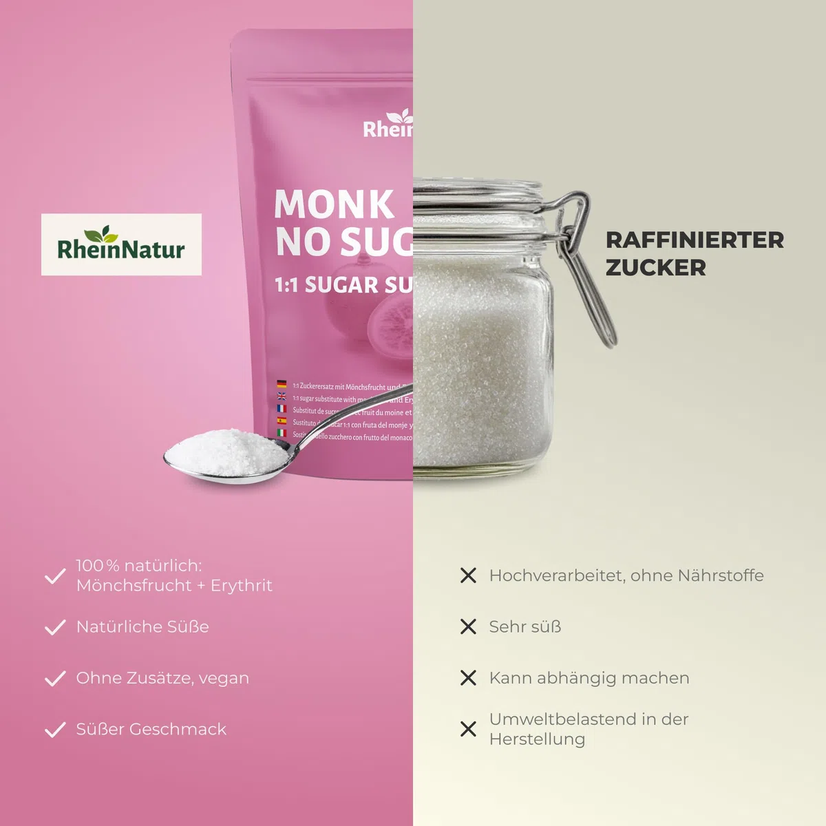 RheinNatur Sostituto dello zucchero a base di frutto del monaco 1 kg - Sostituto 1:1 dello zucchero a base di frutto del monaco ed eritritolo - Confezione da 1000 g