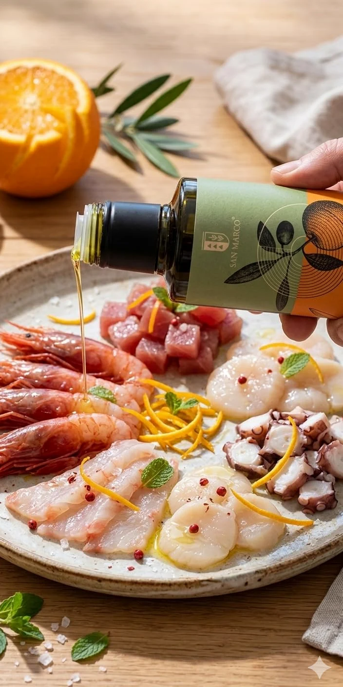 San Marco - Olio extra vergine di oliva all'arancia. Condimento artigianale di arance e olive- bottiglia vetro scuro 250 ml. - 100% italiano – Ideale sul pesce crudo e in pasticceria