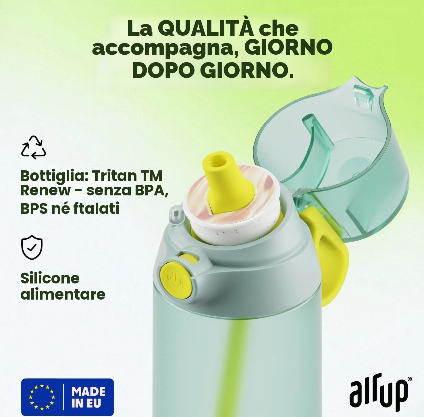 AIR UP Borraccia Click Turtle Green originale con cialde in 5 gusti, borraccia da 600 ml con aroma senza zucchero, lavabile in lavastoviglie, senza BPA