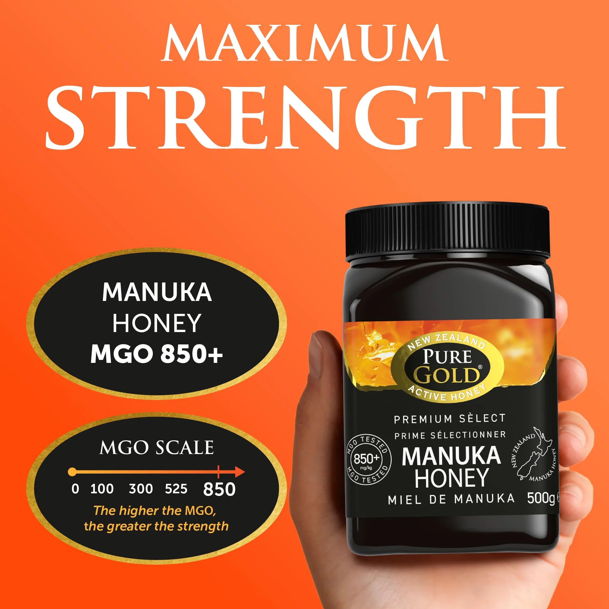 Pure Gold Miele di Manuka Selezionato Premium 850+ MGO 500G, miele dalla Nuova Zelanda, certificato MBO e secondo gli standard MPI