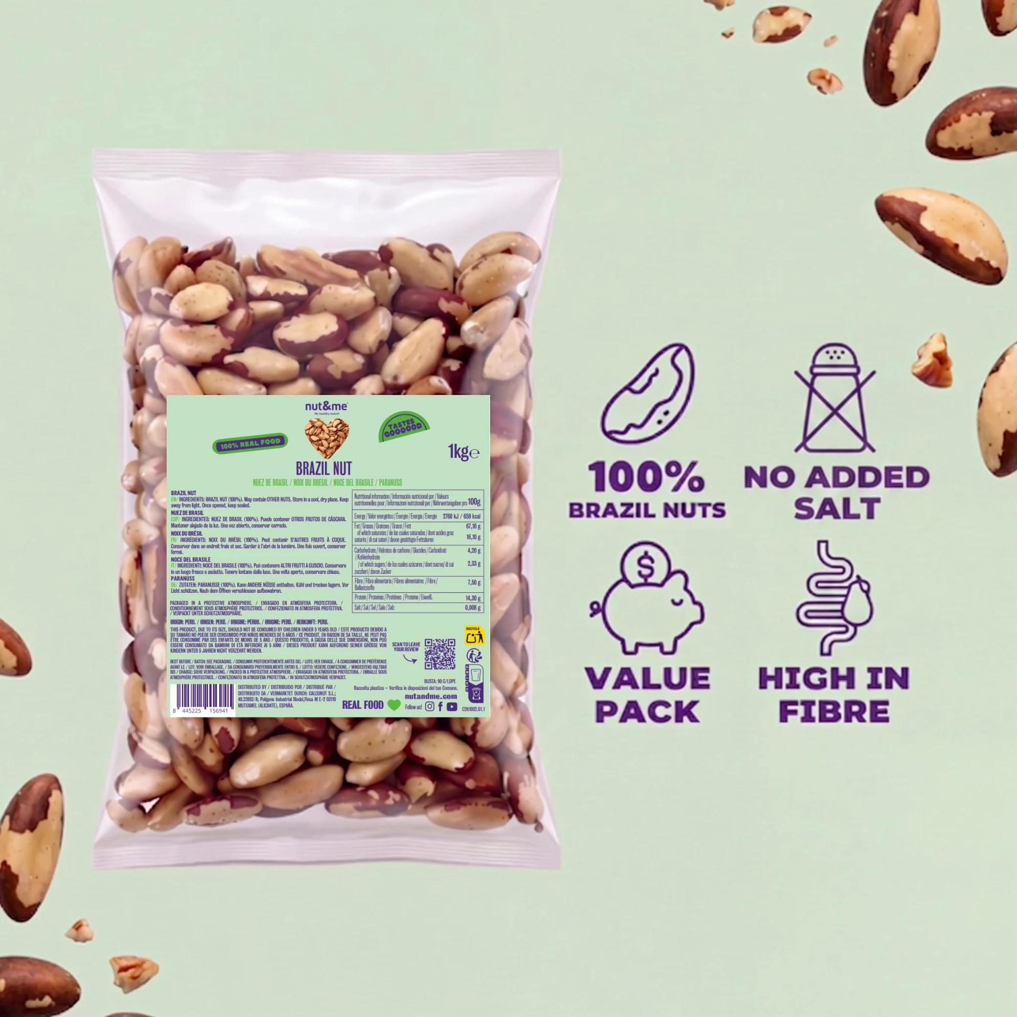nut&me Noci del Brasile Premium1 kg | 100% naturale e Ricco di fibre e minerali | Senza glutine nè conservanti | snack sano e vegano