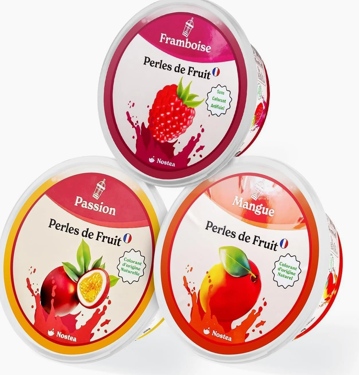 Nostea - Set di 3 vasetti, Perle per Bubble Tea Mango, Passione, Lampone – Popping Boba 100% Vegano, Senza Glutine - Perle al Succo di Frutta per Tè, Bevande - Produzione Francese - 3x 450 gr