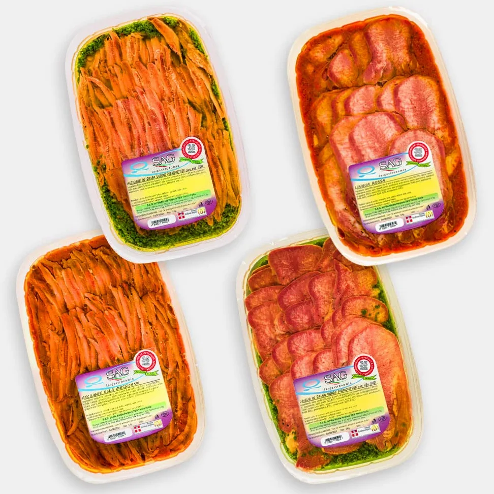 Cesto specialità gastronomiche piemontesi con acciughe e lingue di bovino (Confezione 4 pz. da Kg) – SAG –