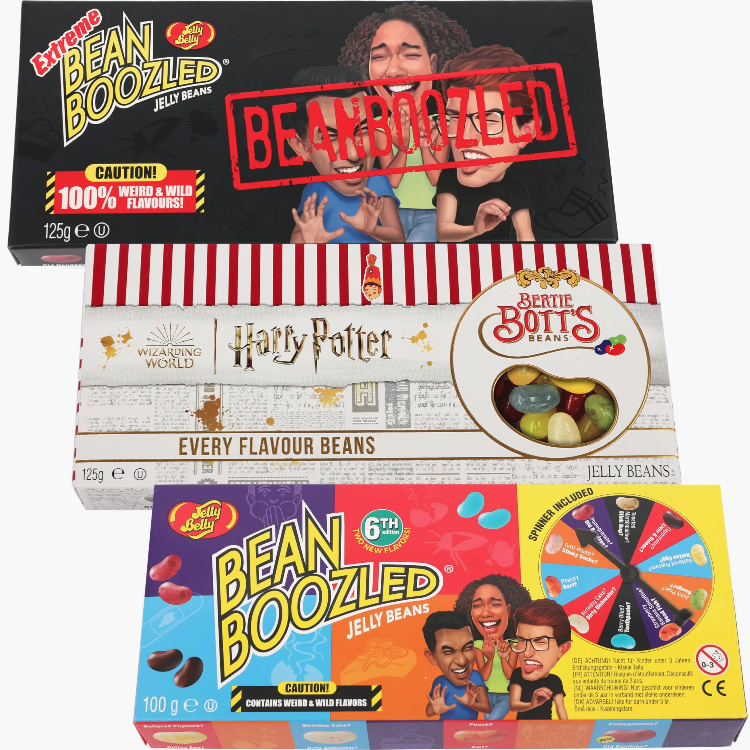 Jelly Belly Bean Boozled Set - Ruota della fortuna + Flaming Five edizione calda e Extreme Special Edition 2x 100g und 1x 125g