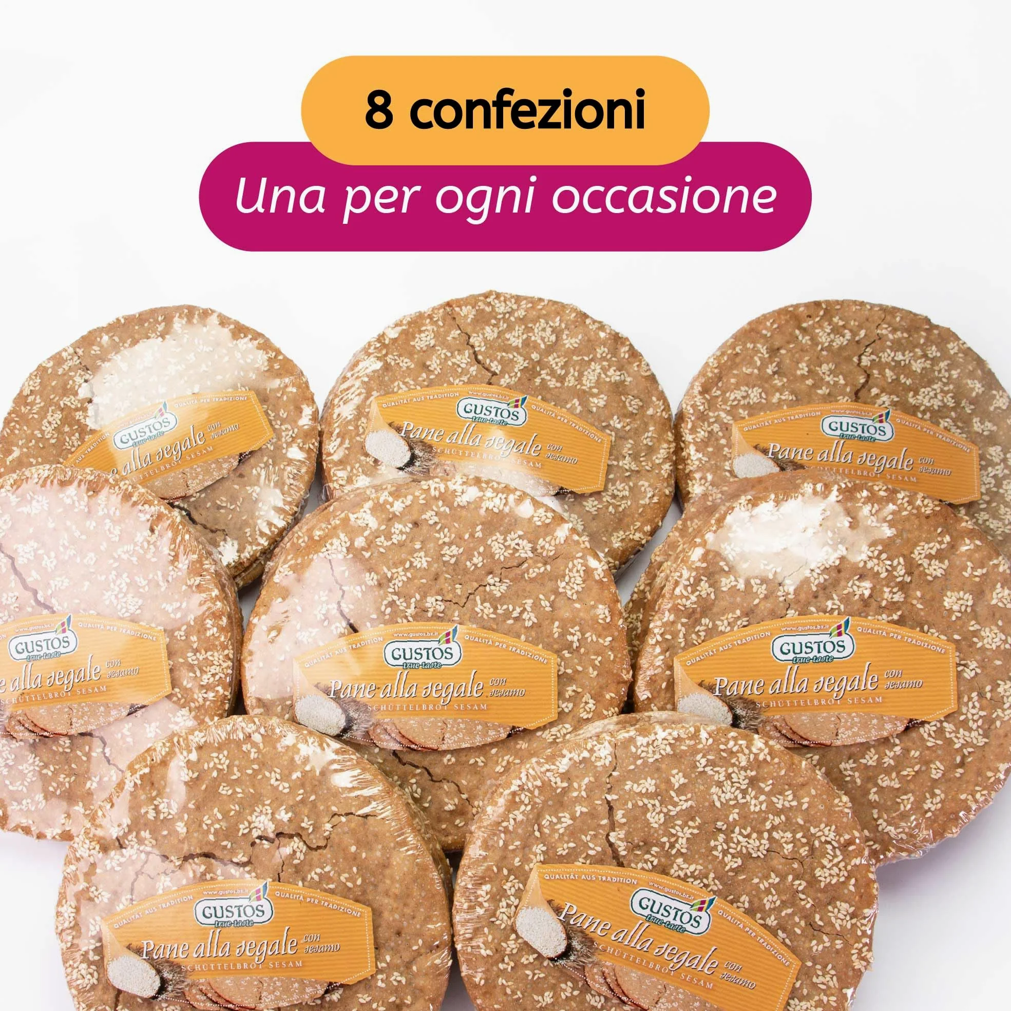 GUSTOS - 8 confezioni di Pane tradizionale dell'Alto Adige "Schüttelbrot" di segale | con Semi di Sesamo |150 g ciascuna, fatto a mano, gustoso e croccantissimo.