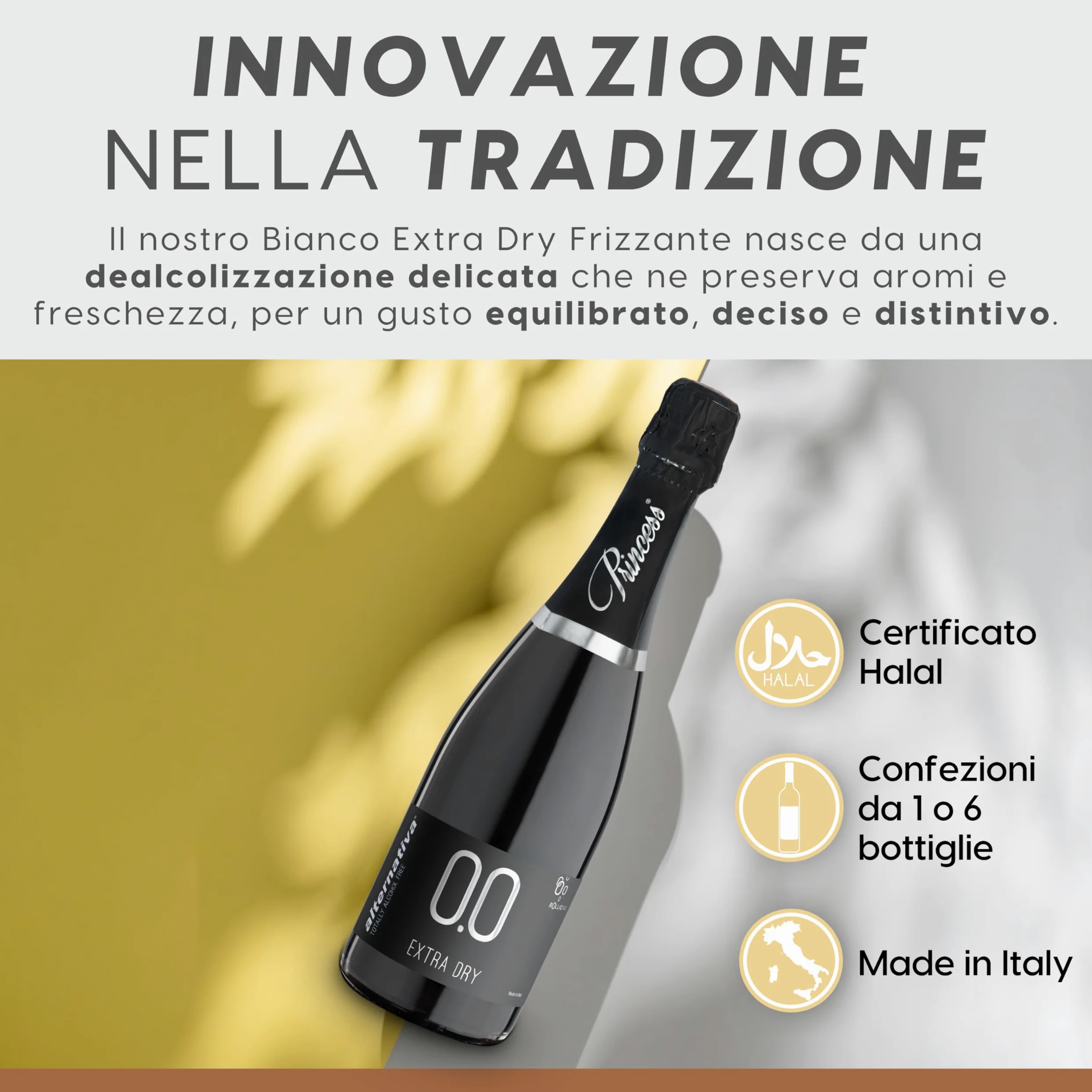 ALTERNATIVA Bianco Extra Dry Frizzante Analcolico 0.0% - Bollicine Senza Alcol, Dealcolato Italiano - Ideale per Celebrazioni e Regali - Confezione da 6 Bottiglie da 750ml Alcool Free