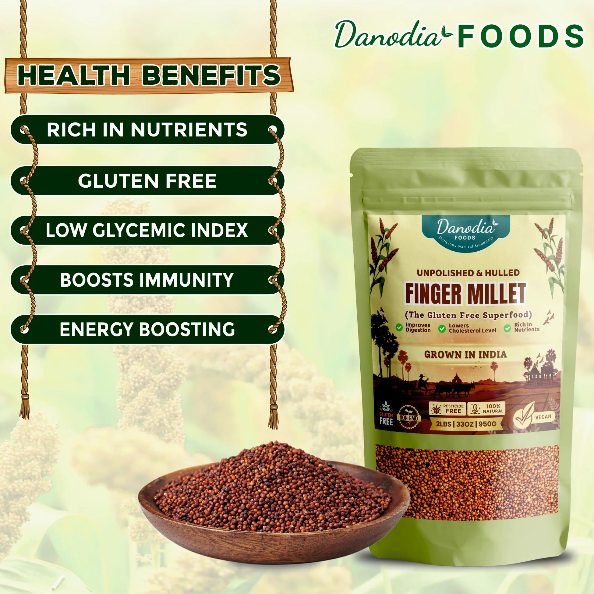 Danodia Foods Miglio Indiano Finger Millet/Ragi (2lbs | 950g | 33oz) | Miglio Rosso Decorticato Integrale, Non Lavorato, Senza Glutine, Superfood a Chicco Intero (Scansiona il QR per nuove ricette)