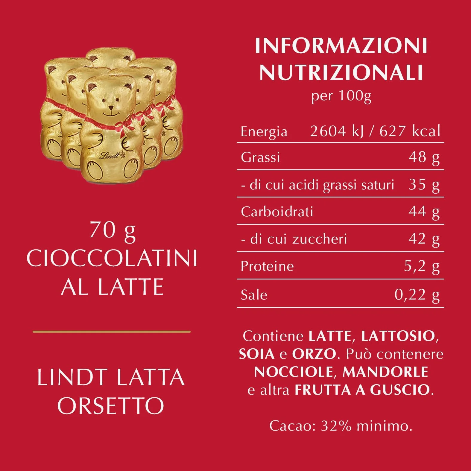 Lindt Latta Orsetto, Latta con Orsetti di goloso cioccolato al latte Lindt, Formato 70g