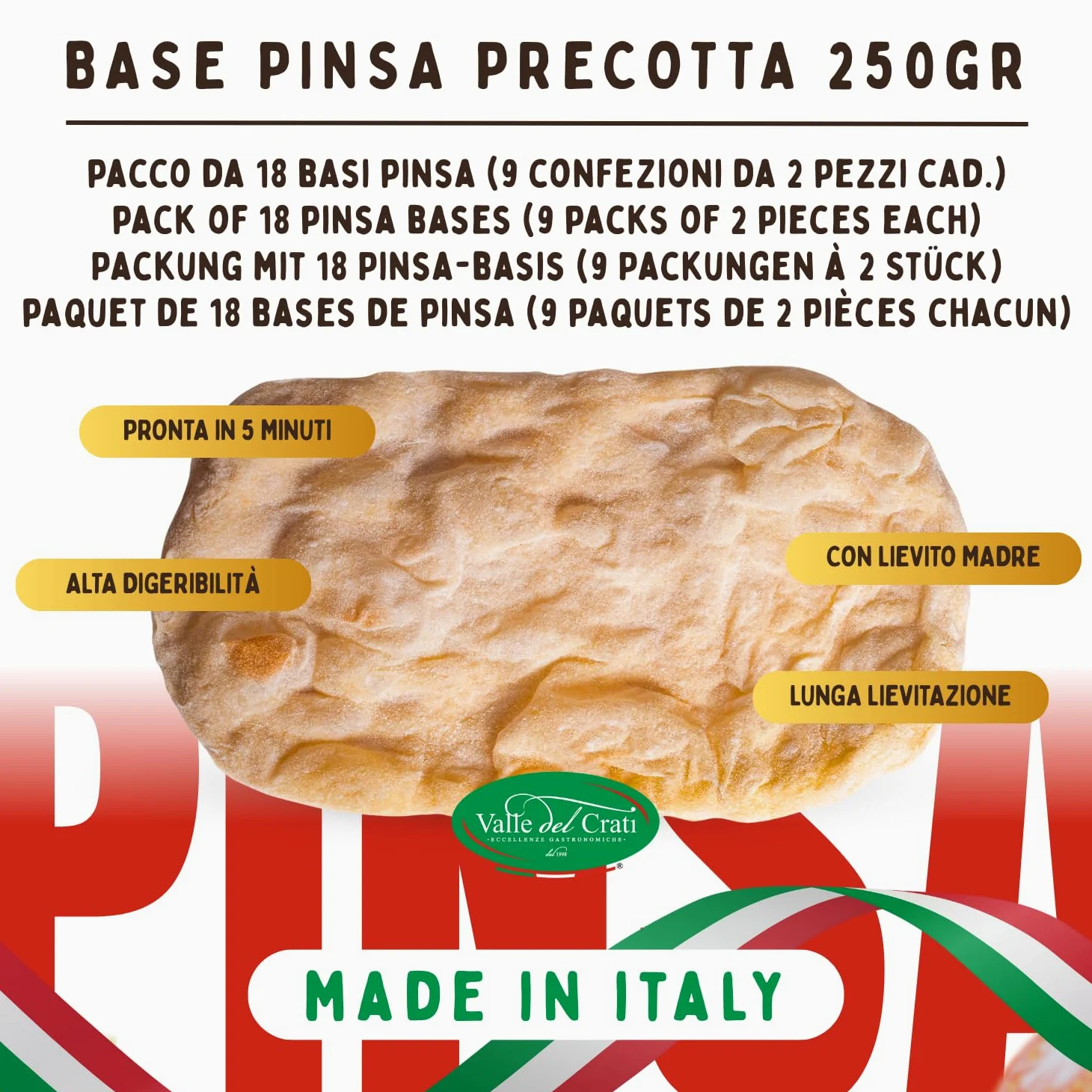 Valle del Crati 18 Basi Pinsa Precotta Artigianale | Pinsa Pronta in 5 Minuti , Lunga Lievitazione , Prodotta in Calabria , Basi Pinsa da 250 grammi c.a.