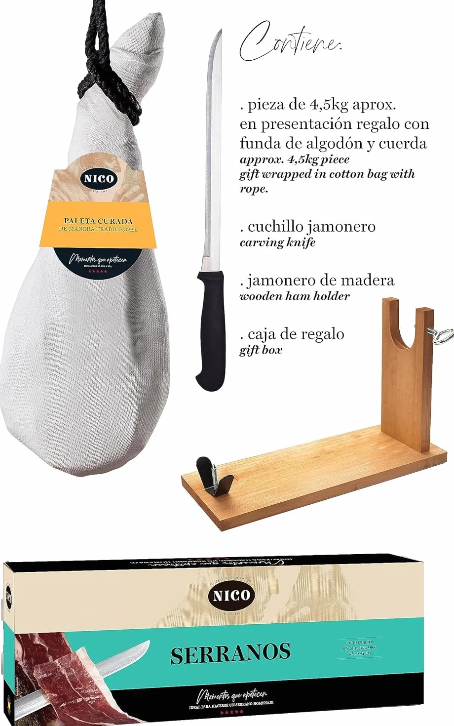 Prosciutto Spagnolo (Spalla) NICO + Porta Prosciutto + Coltello 4,5 kg