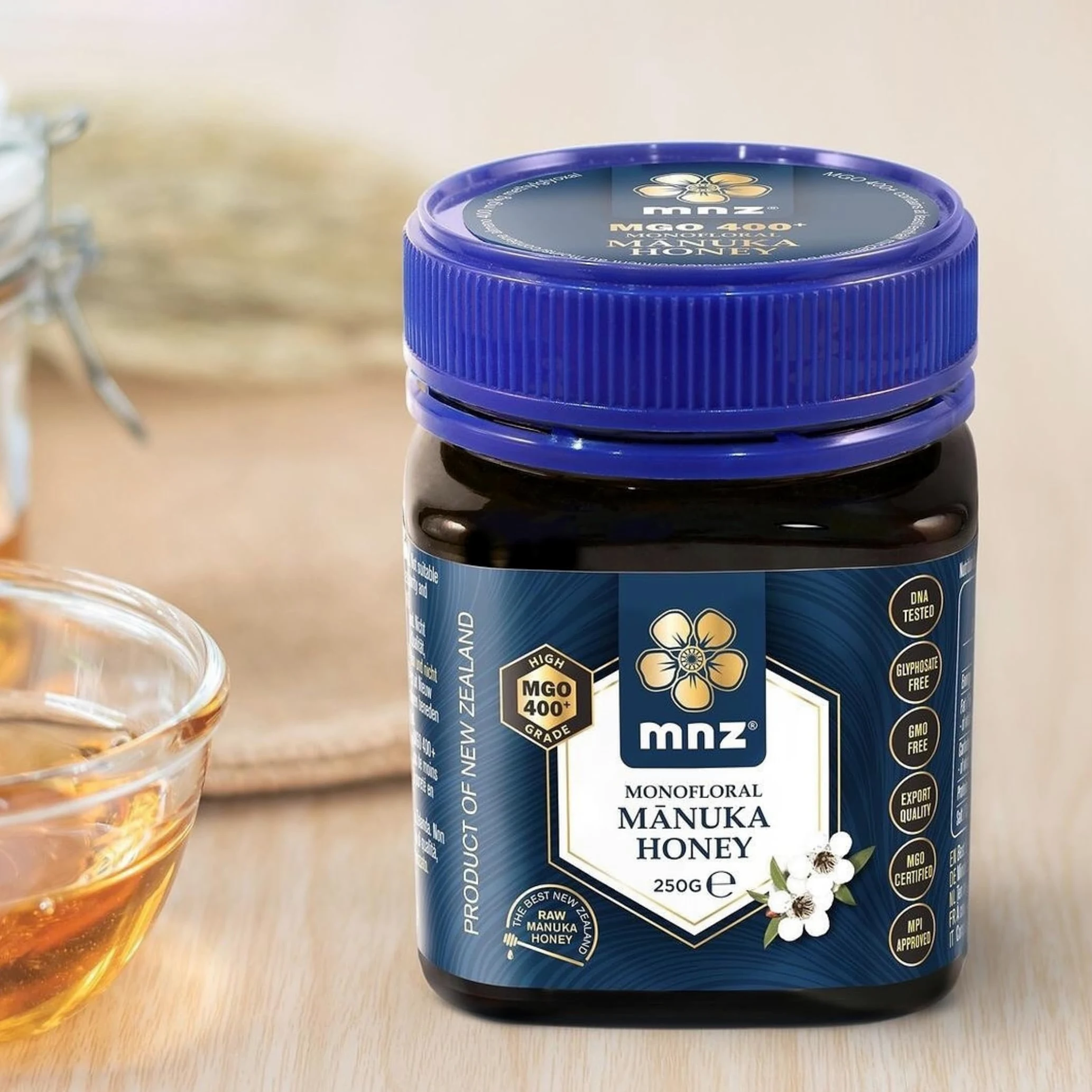 MNZ Miele di Manuka crudo 400+ MGO da 250 grammi, monofloreale puro, prodotto e invasettato crudo in Nuova Zelanda