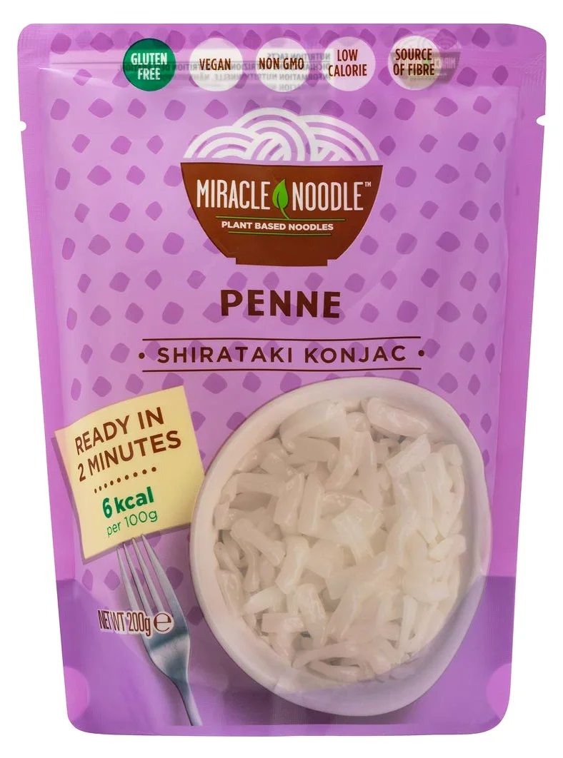 Penne Shirataki Miracle Noodle. Nuova Generazione, Senza Odore e Senza Retrogusto. Adatte a Diete Paleo e Keto. Confezione da 10 pacchetti da 200g netti.