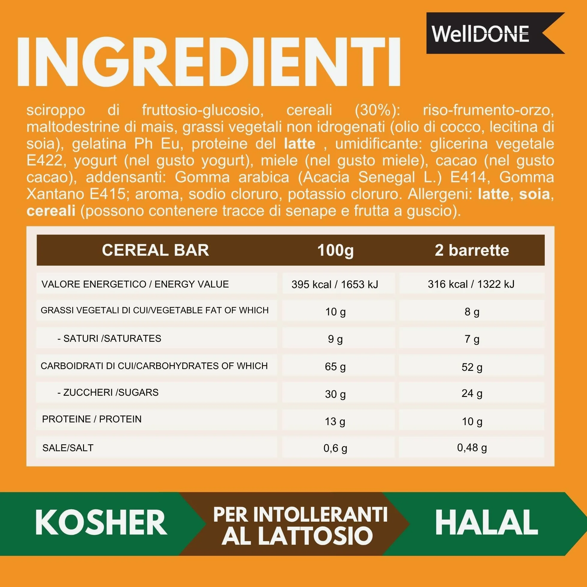WellDONE, Cereal Crunch Bar Gusto Miele, Barrette Energetiche Made in Italy, Alto Contenuto di Carboidrati, Snack Goloso Anche per Intolleranti al Lattosio, 30 Barrette da 40g