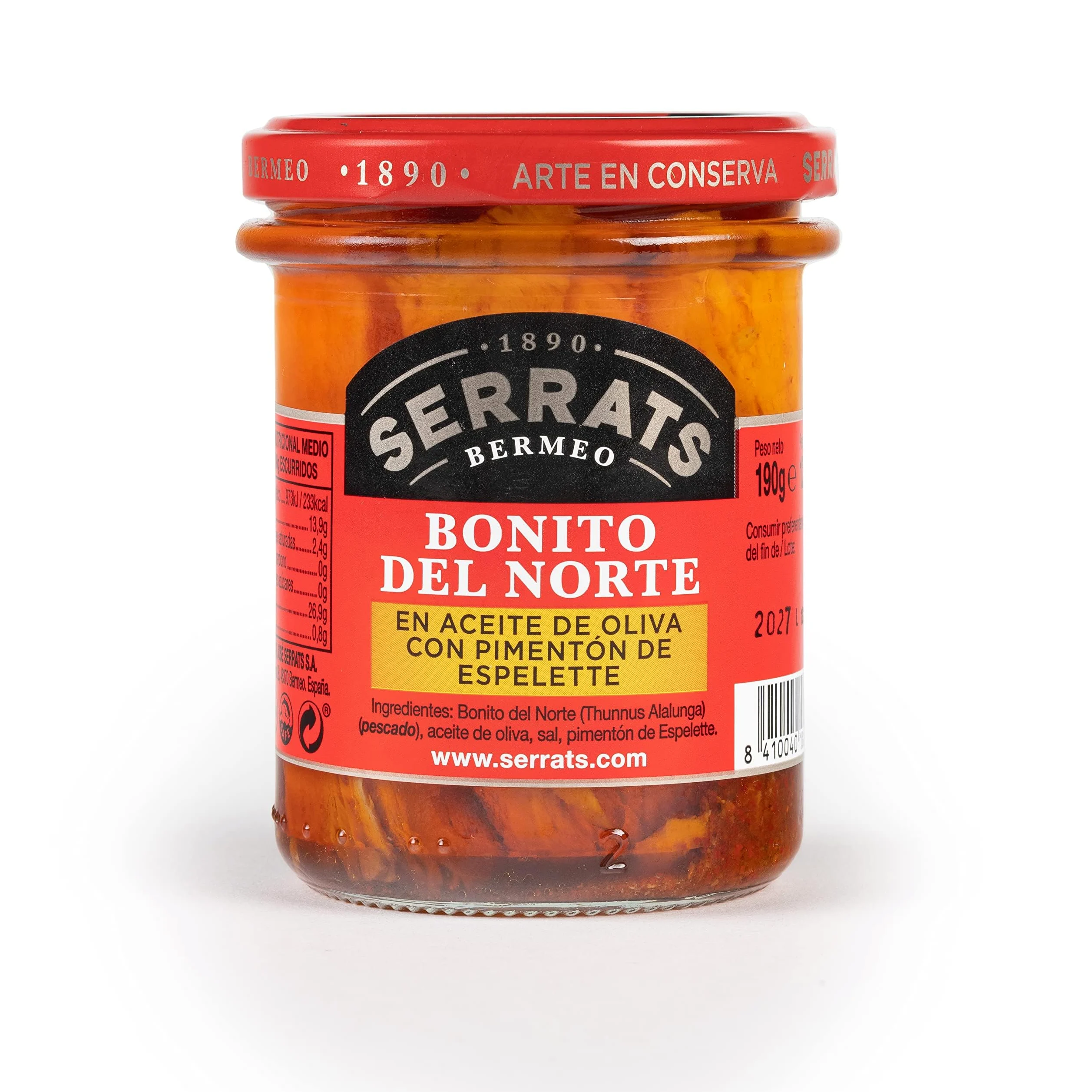 CONSERVAS SERRATS - Tonno Bianco del Cantabrico con Peperoncino di Espelette - 6 Lattine x 190g (Totale: 1140g) - Lavorazione Artigianale dal 1890 - Senza Glutine - Ricco di Omega 3