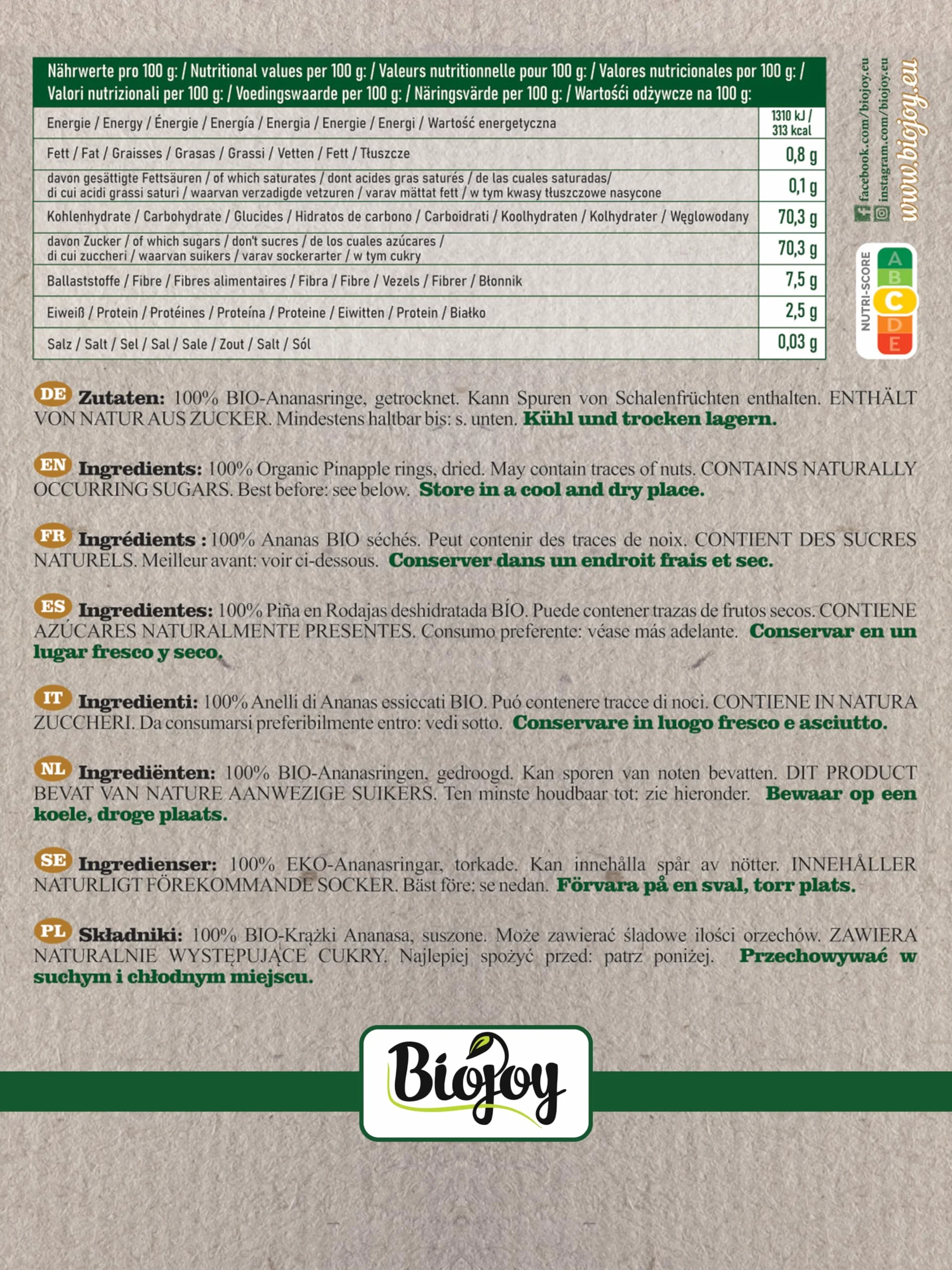 Biojoy Fette di Ananas disidratato BIO (1 kg), senza zucchero aggiuntо e senza zolfo