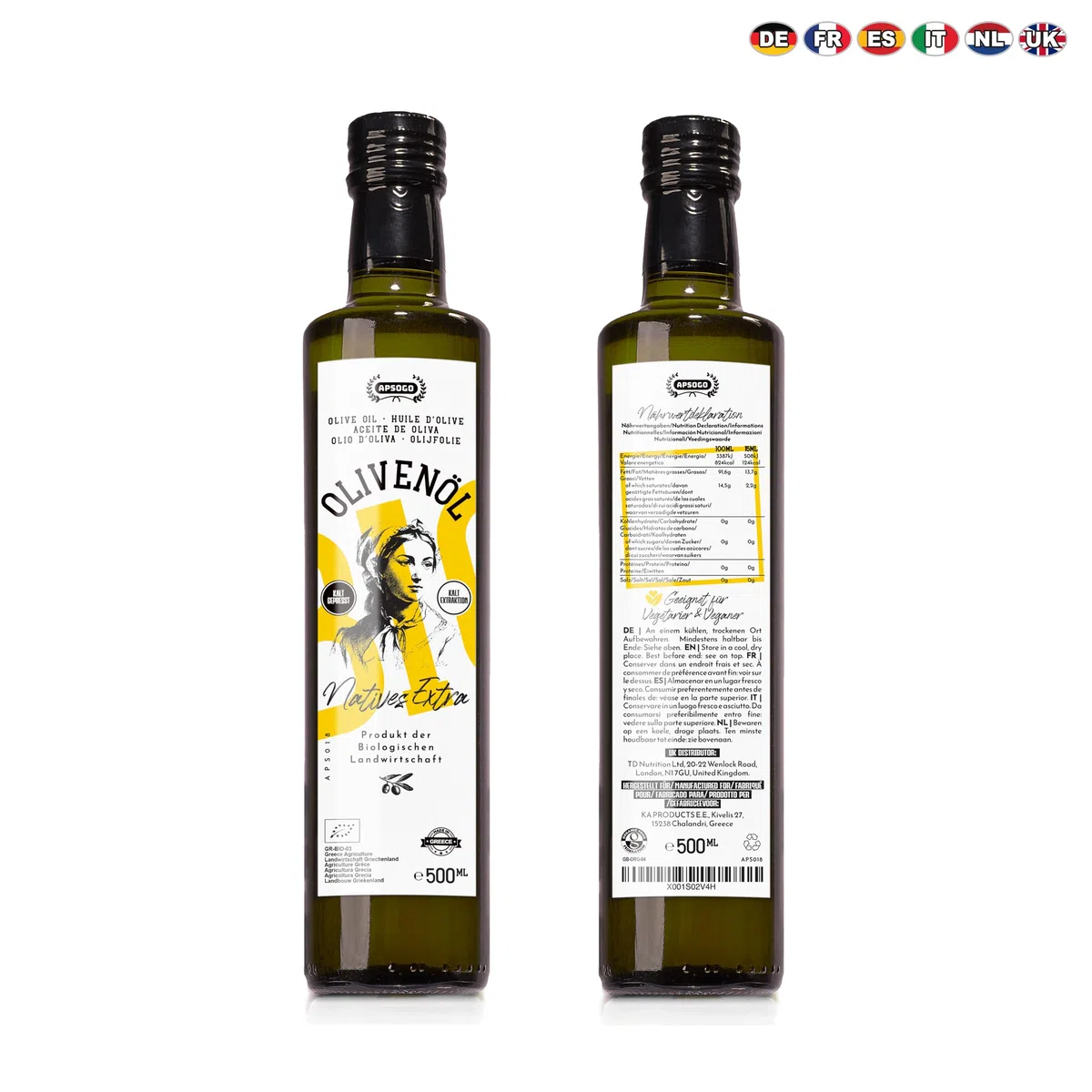 Apsogo Olio Extra Vergine di Oliva Biologico – EVOO Greco ad Alto Contenuto di Polifenoli da Creta (500ml) – Spremuto a Freddo, Raccolta Precoce, Qualità Premium
