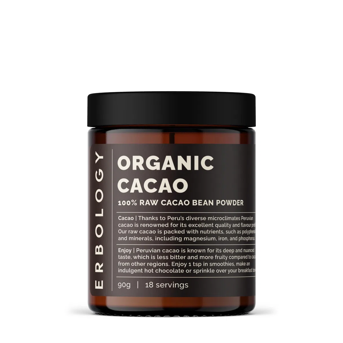 Erbology Cacao Crudo in Polvere Bio 90g - 18 Porzioni - Coltivato in Modo Sostenibile ed Etico Direttamente dalla Fattoria in Perù - Piccolo Lotto - Vegano - Senza OGM