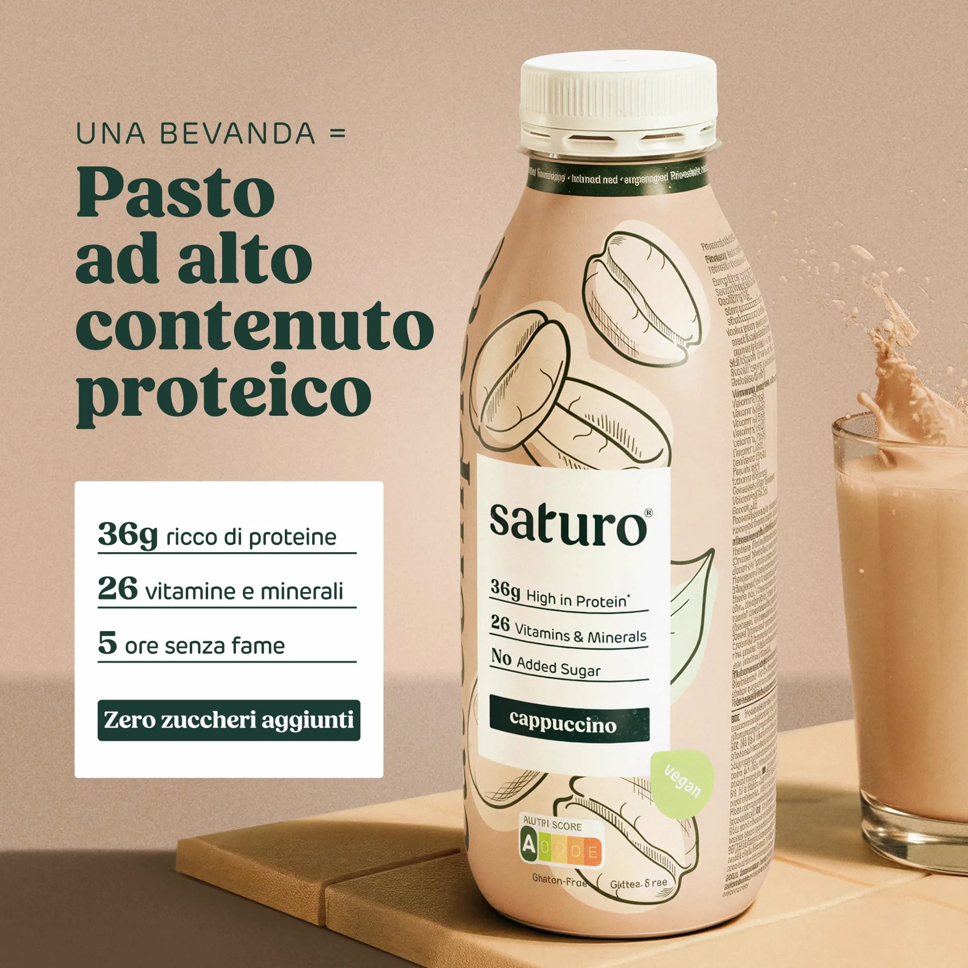 Saturo Pasto Sostitutivo Frullato Gusto Cappuccino | 36 g di proteine & senza zucchero | 400 kcal | Vegano | Pasto Bevibile con Nutrienti Essenziali | 6 x 400 ml