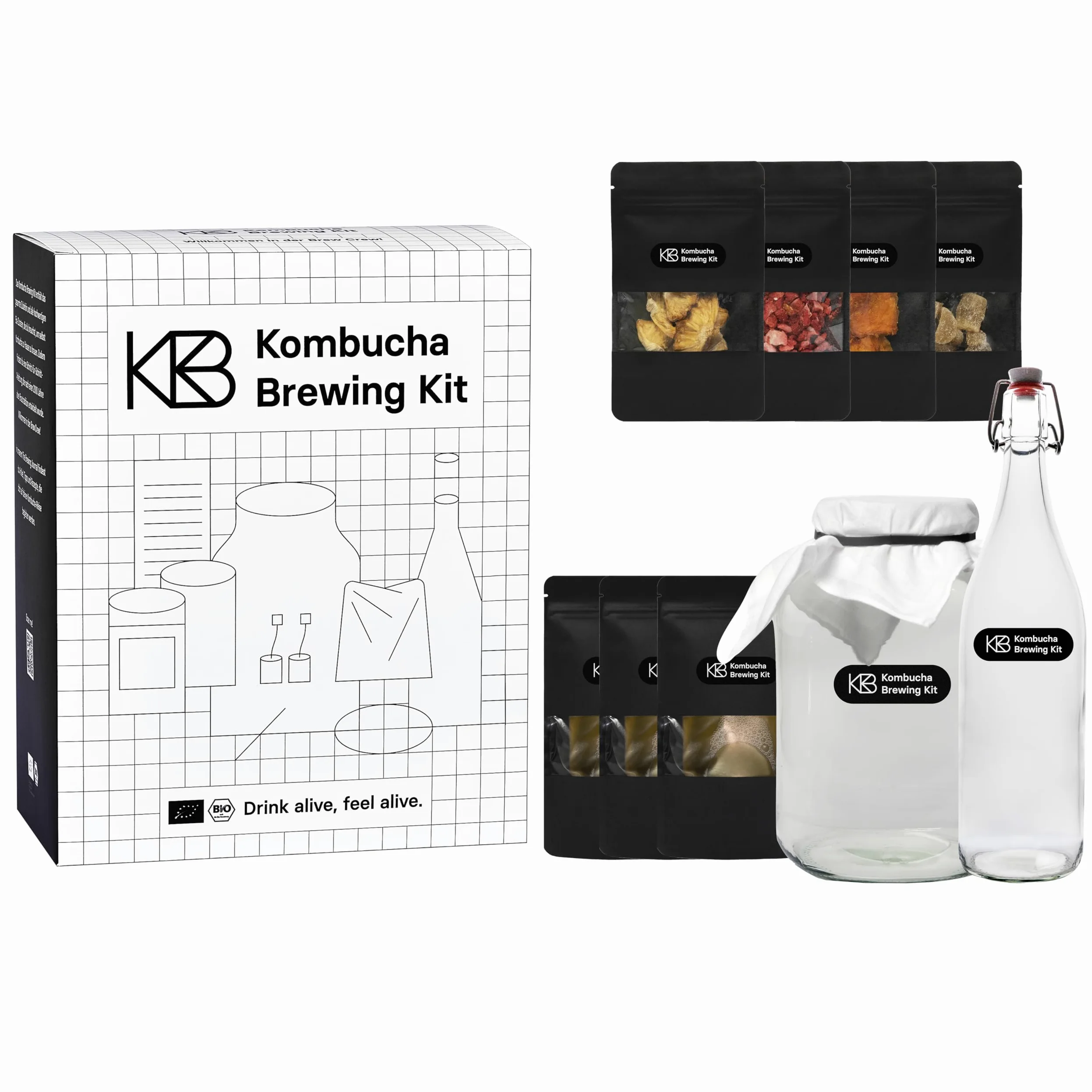 Kombucha Brewing Kit XL Bundlecon 2x coltura starter SCOBY biologica, 4 gusti di infusione, con 2x vaso di fermentazione, 2 bottiglia swing-top, zucchero di canna grezzo biologico, cannuccia di vetro