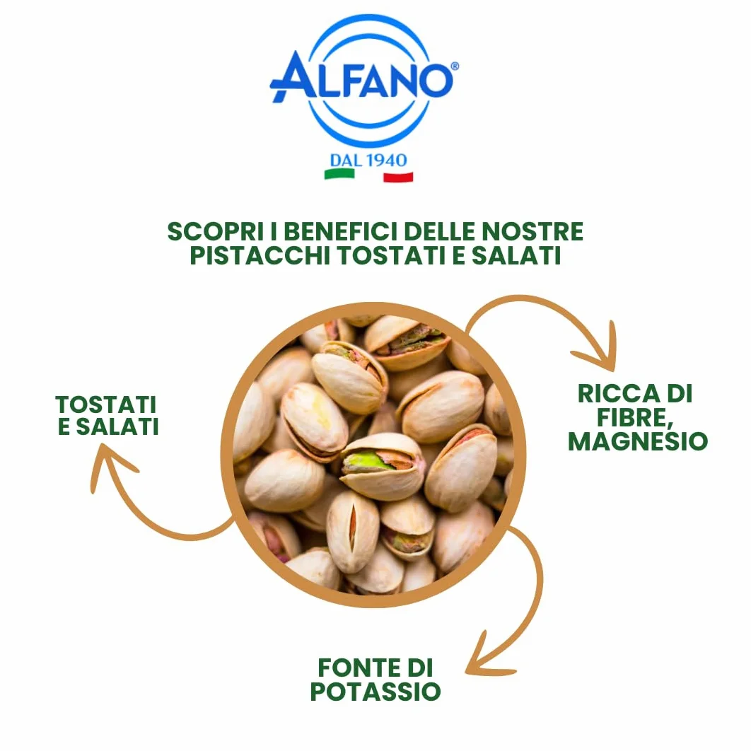 Alfano dal 1940 Pistacchi Salati Tostati 250g Frutta Secca Ricca di Fibre e Magnesio, Fonte di Potassio Ideale come Snack Aperitivo (16 Pezzi)