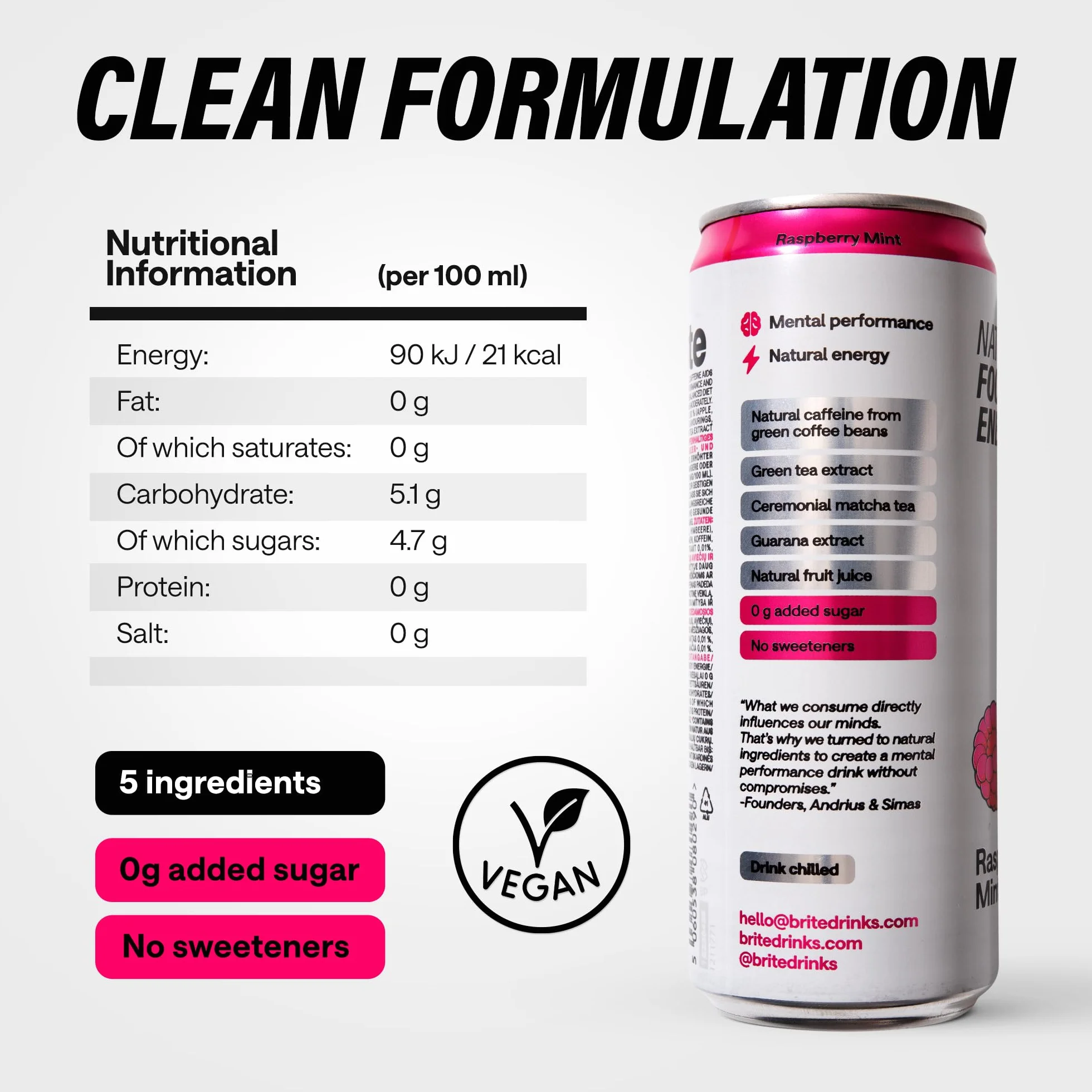 Brite Natural Focus. Bevanda energetica e alternativa al caffè per aumentare la produttività. A base vegetale, a basso contenuto calorico, vegana, senza glutine. Lampone e menta 12 x 330 ml.