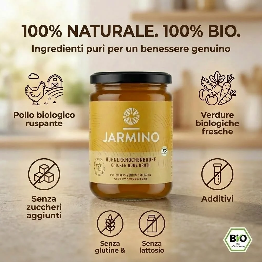 JARMINO brodo biologico di ossa di pollo (6 x 350 ml) | acido ialuronico, collagene e proteina naturale | bone broth | bevanda salutare o come base per zuppe e salse